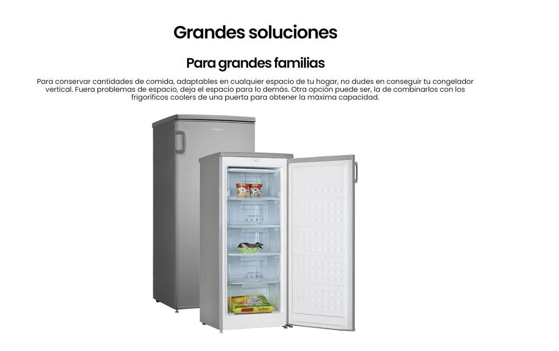 Dos congeladores plateados. Uno está abierto mostrando estantes y comida. Texto: Grandes soluciones, Para grandes familias.
