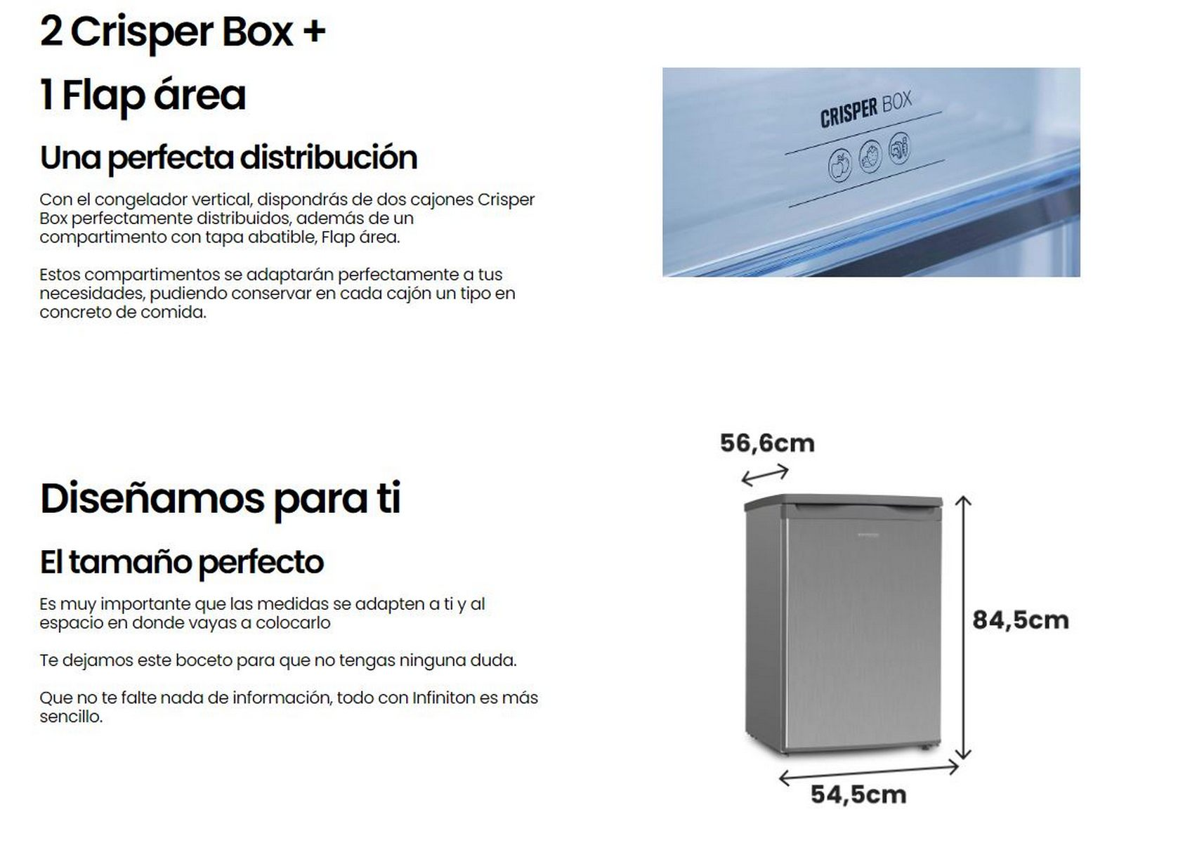 Información del producto del refrigerador, incluidas dimensiones y cajones.