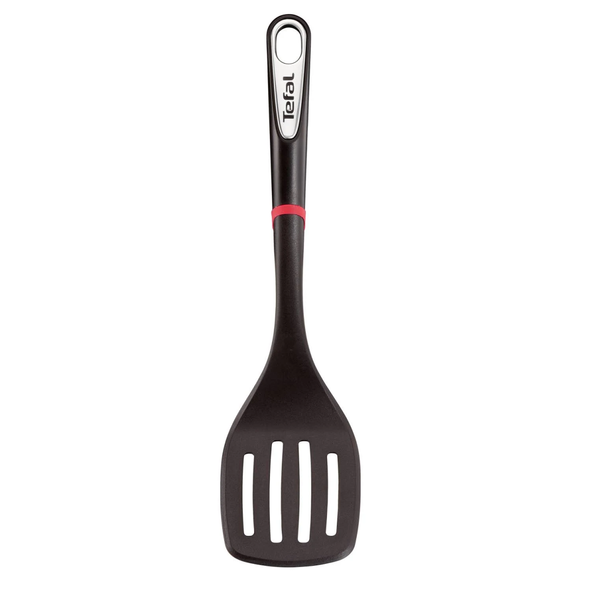 Spatola nera con manico nero e accento rosso. Ha delle fessure e Tefal è scritto sul manico.