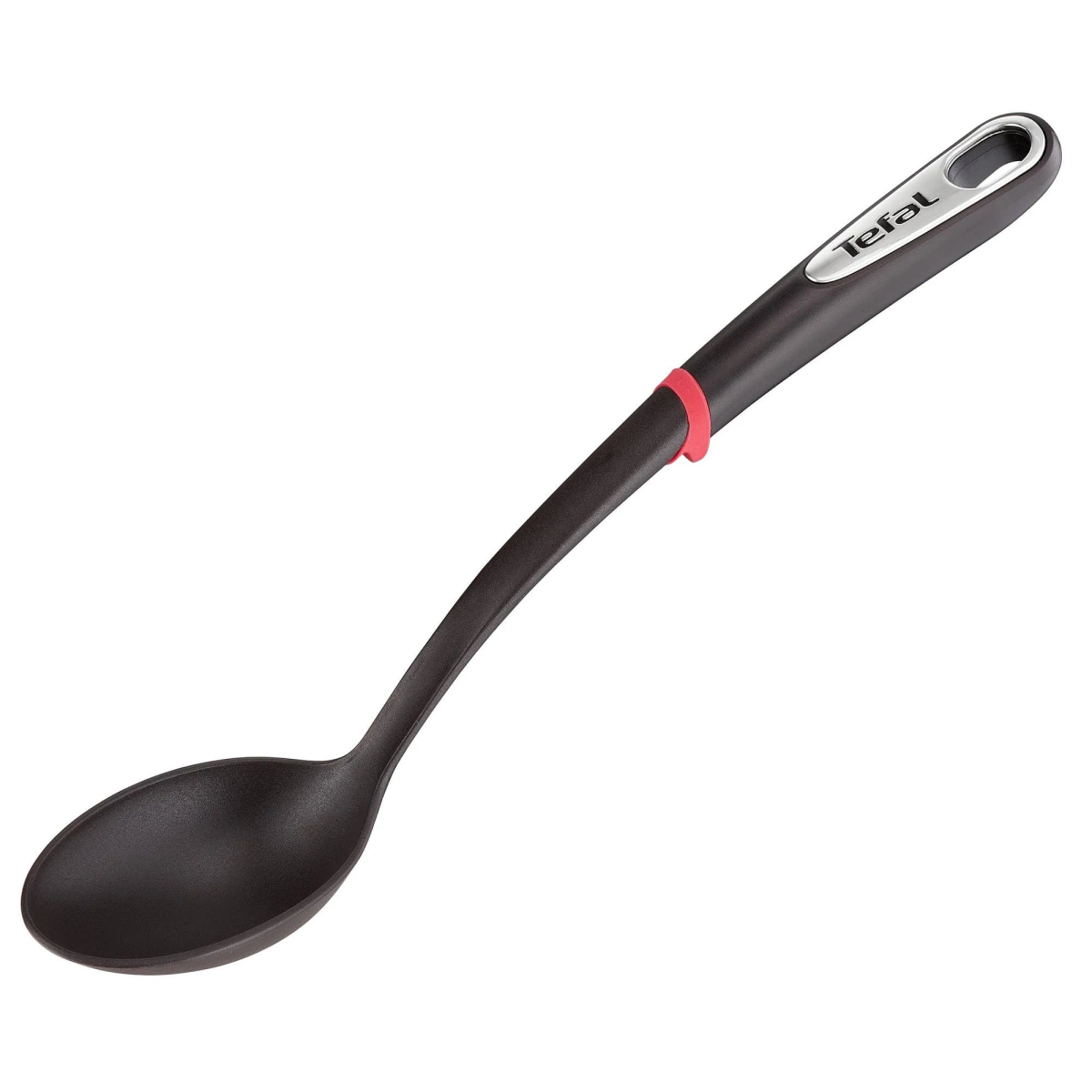 Ein schwarzer Kochlöffel mit rotem Ring und dem Tefal-Logo.