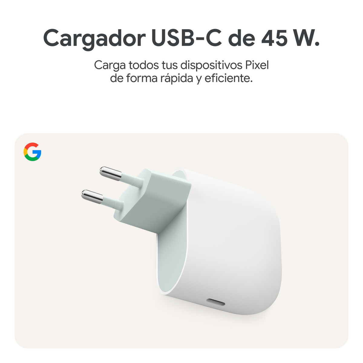 Un caricatore bianco con due spine. Il logo di Google è nell'angolo in alto a sinistra.