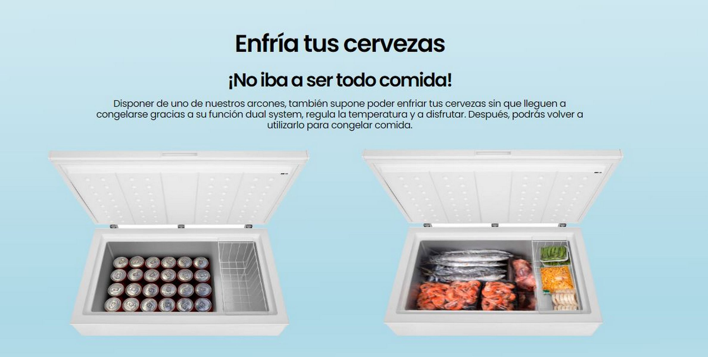Dos congeladores de cofre abiertos con comida y bebidas. Uno con latas de cerveza, otro con alimentos congelados.