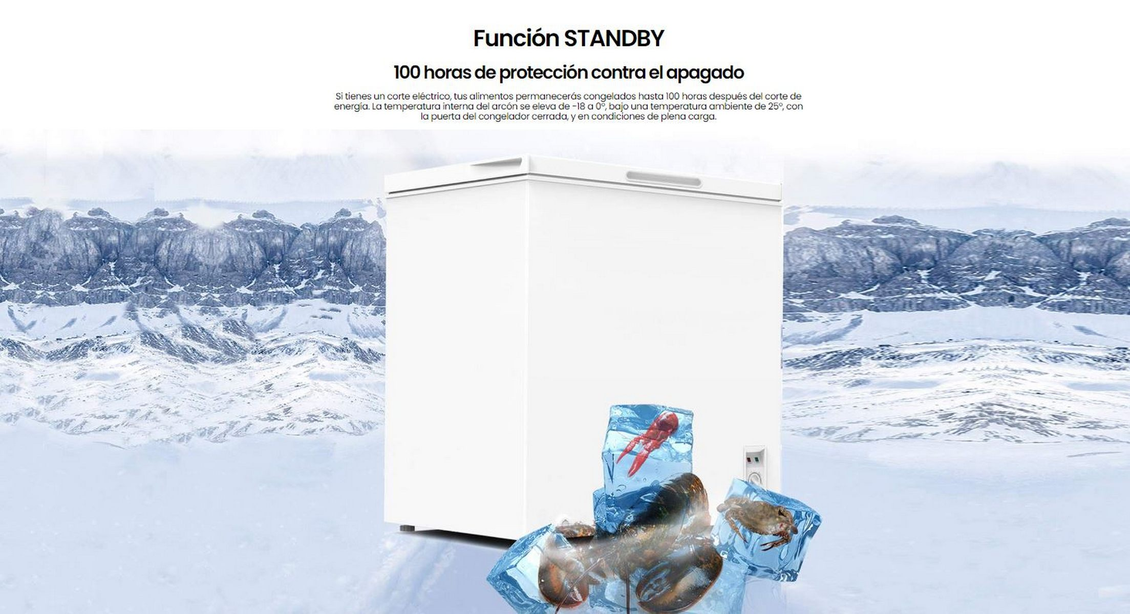 Congelador blanco con hielo y alimentos congelados, texto sobre la función de espera y 100 horas de protección.