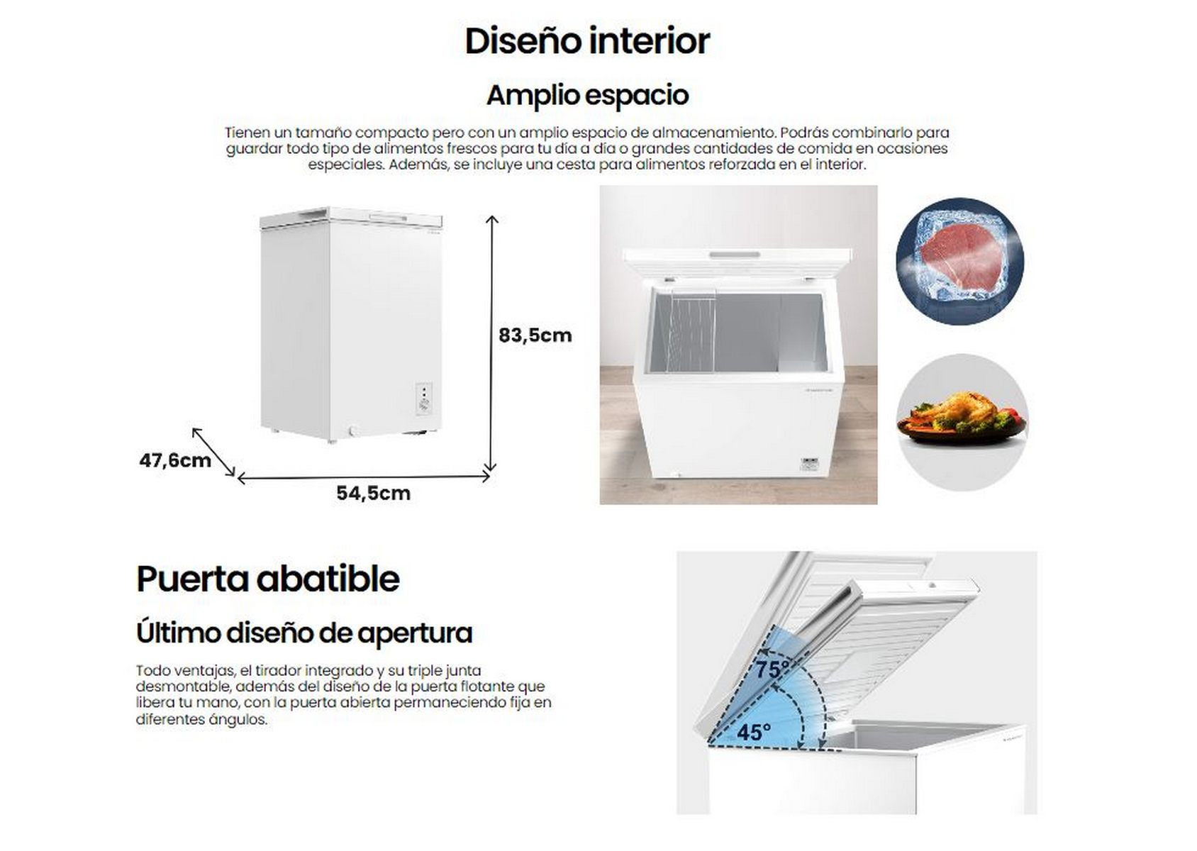 Diagrama de un congelador horizontal blanco, con dimensiones y vistas de la tapa abierta. Texto en español.