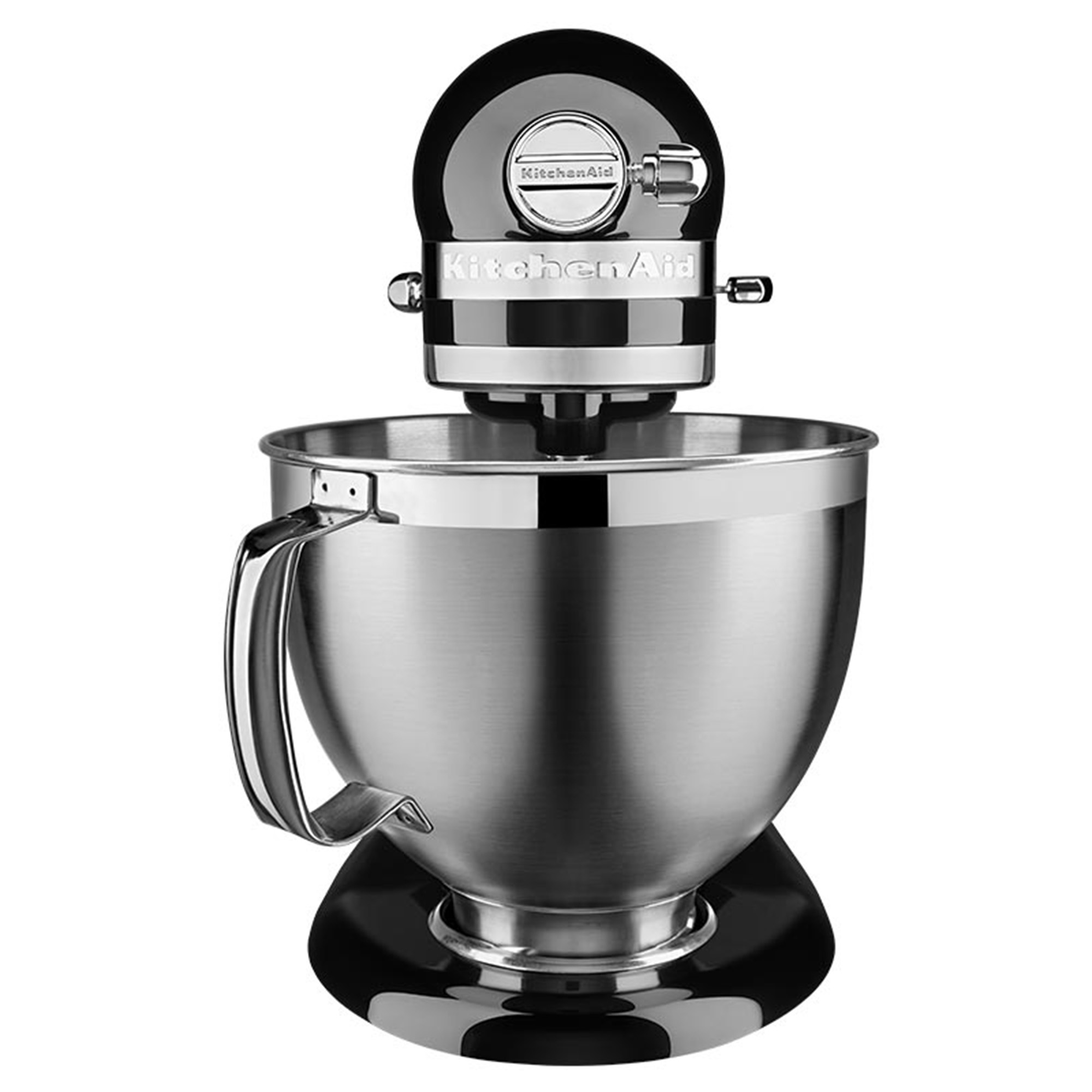 Czarny mikser KitchenAid ze stali nierdzewnej. Klasyczny design. Białe tło.