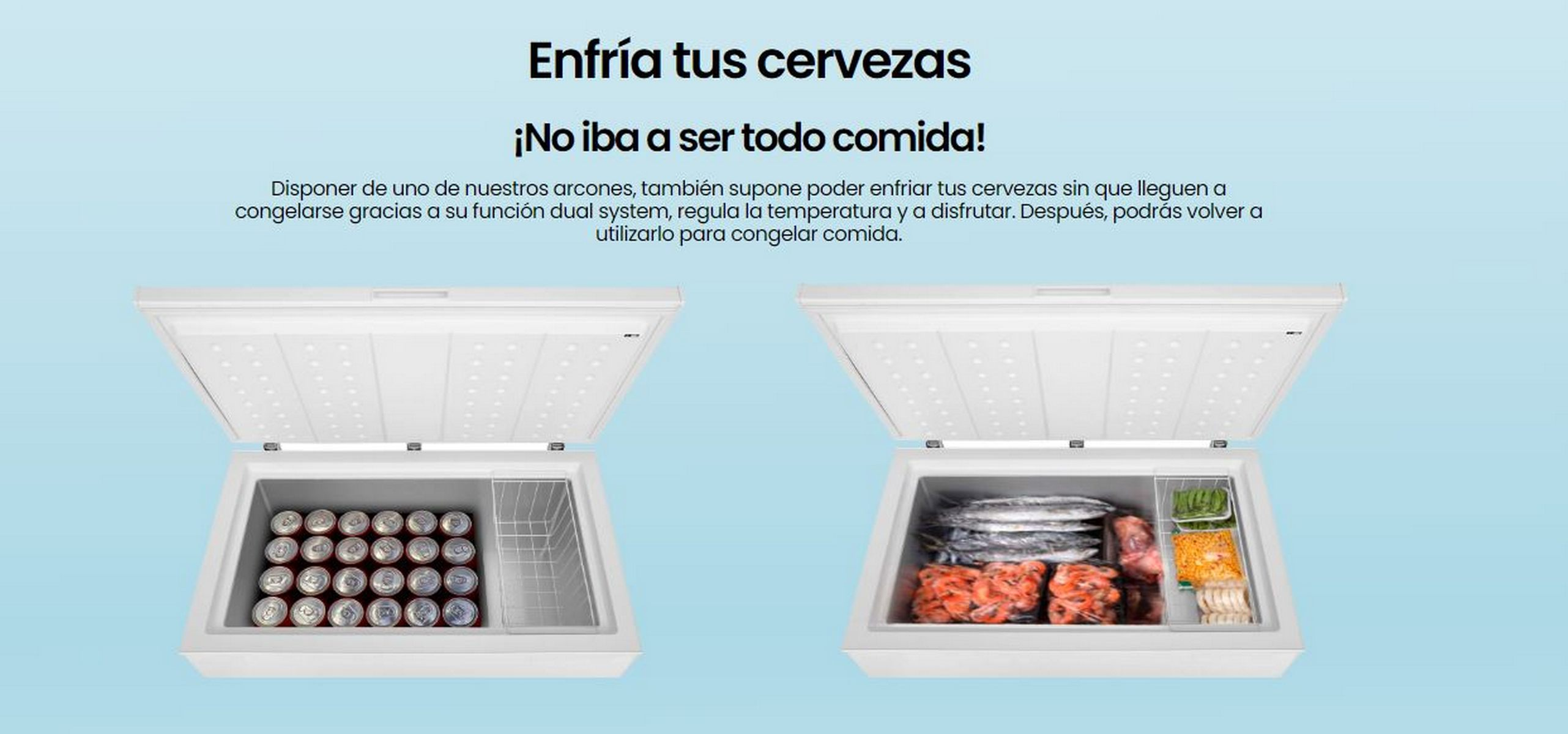 Dos congeladores, uno con latas y otro con comida, con texto sobre enfriar cervezas.