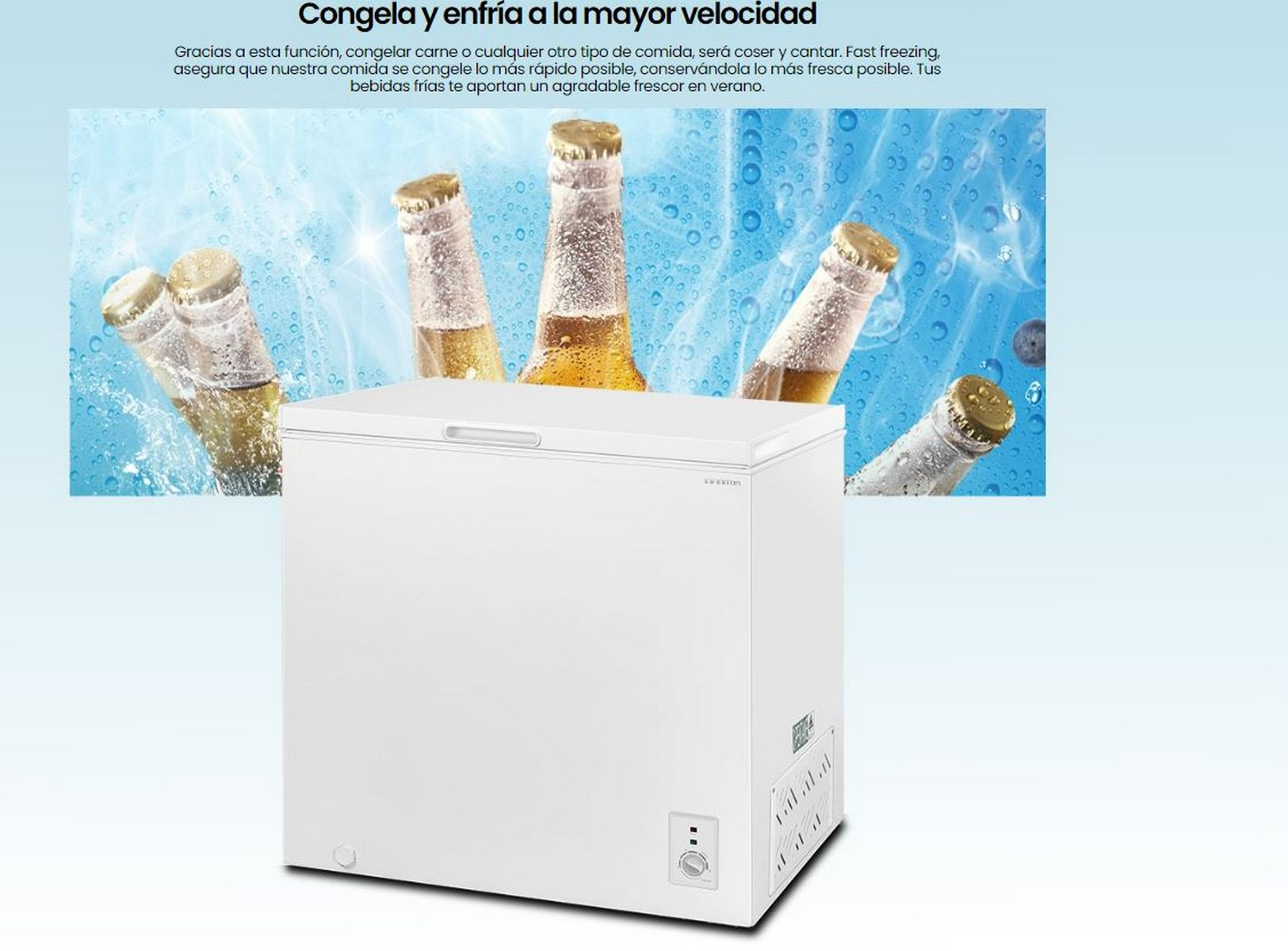 Congelador blanco con botellas de cerveza en el fondo y texto.