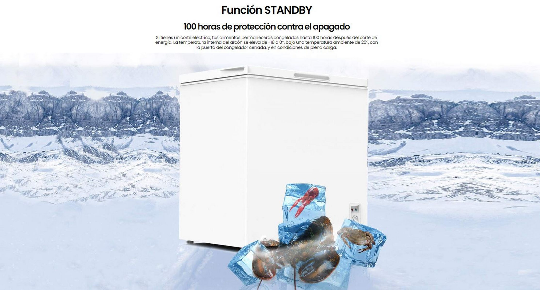 Congelador blanco con texto arriba. Alimentos congelados en cubitos de hielo en primer plano.