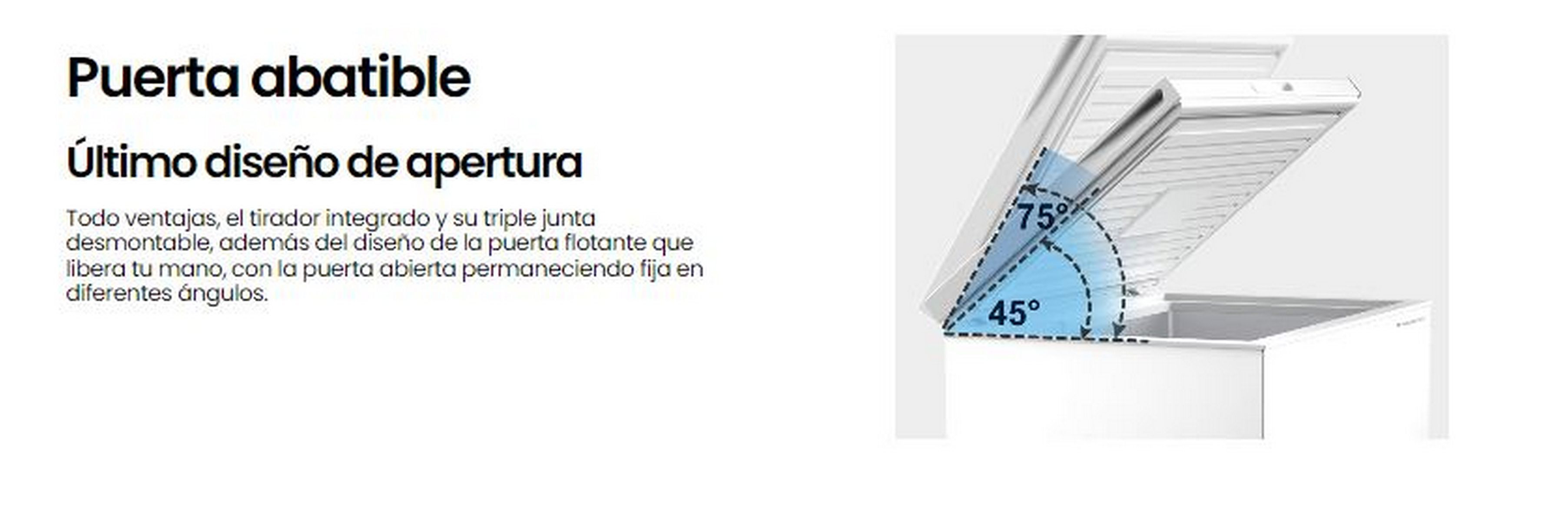 Puerta blanca de refrigerador con indicadores de ángulo. La puerta se abre a 75 y 45 grados.