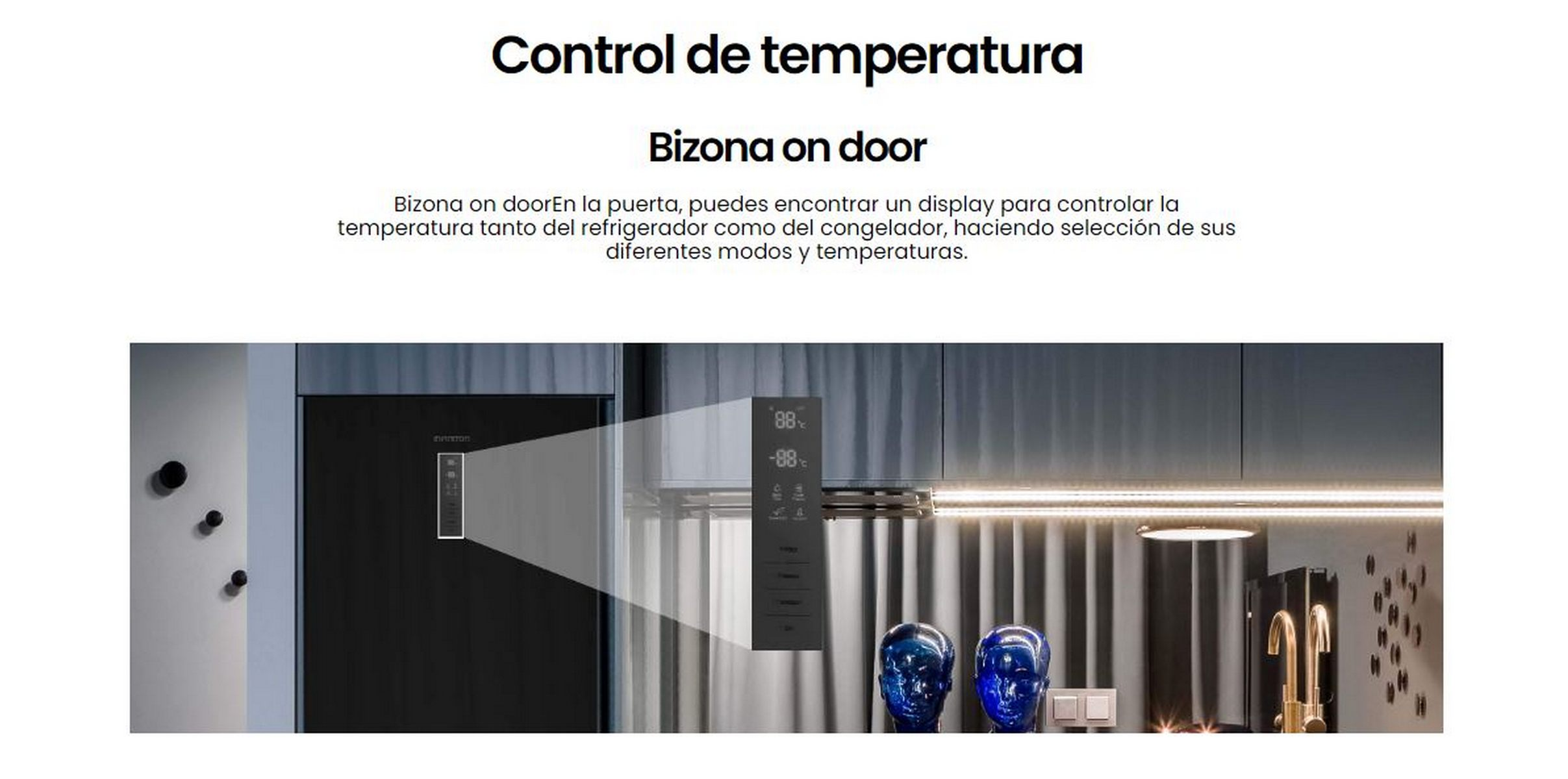 Diagrama de refrigerador negro con panel de control y texto en español sobre temperatura.