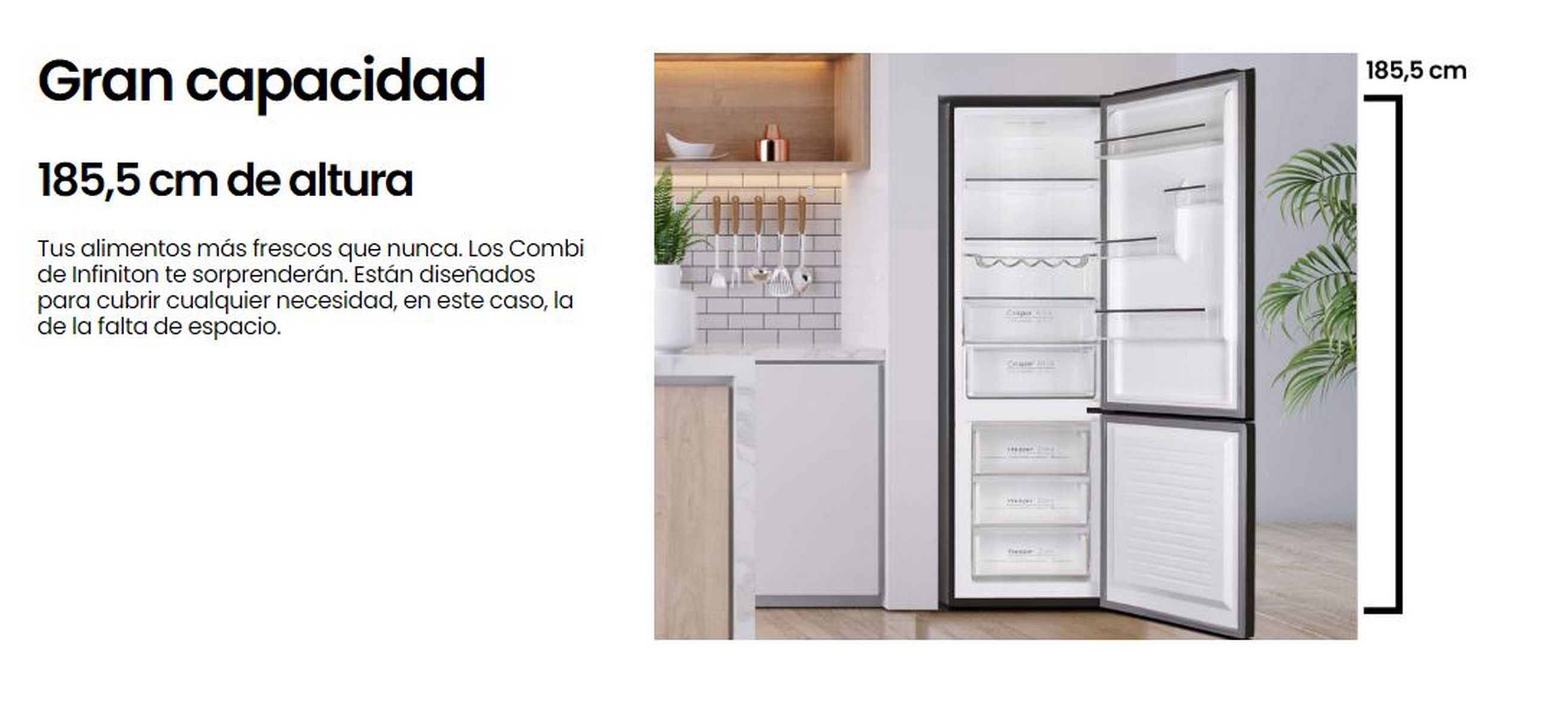 Refrigerador abierto con estantes y cajones. El texto indica que la altura es de 185,5 cm.