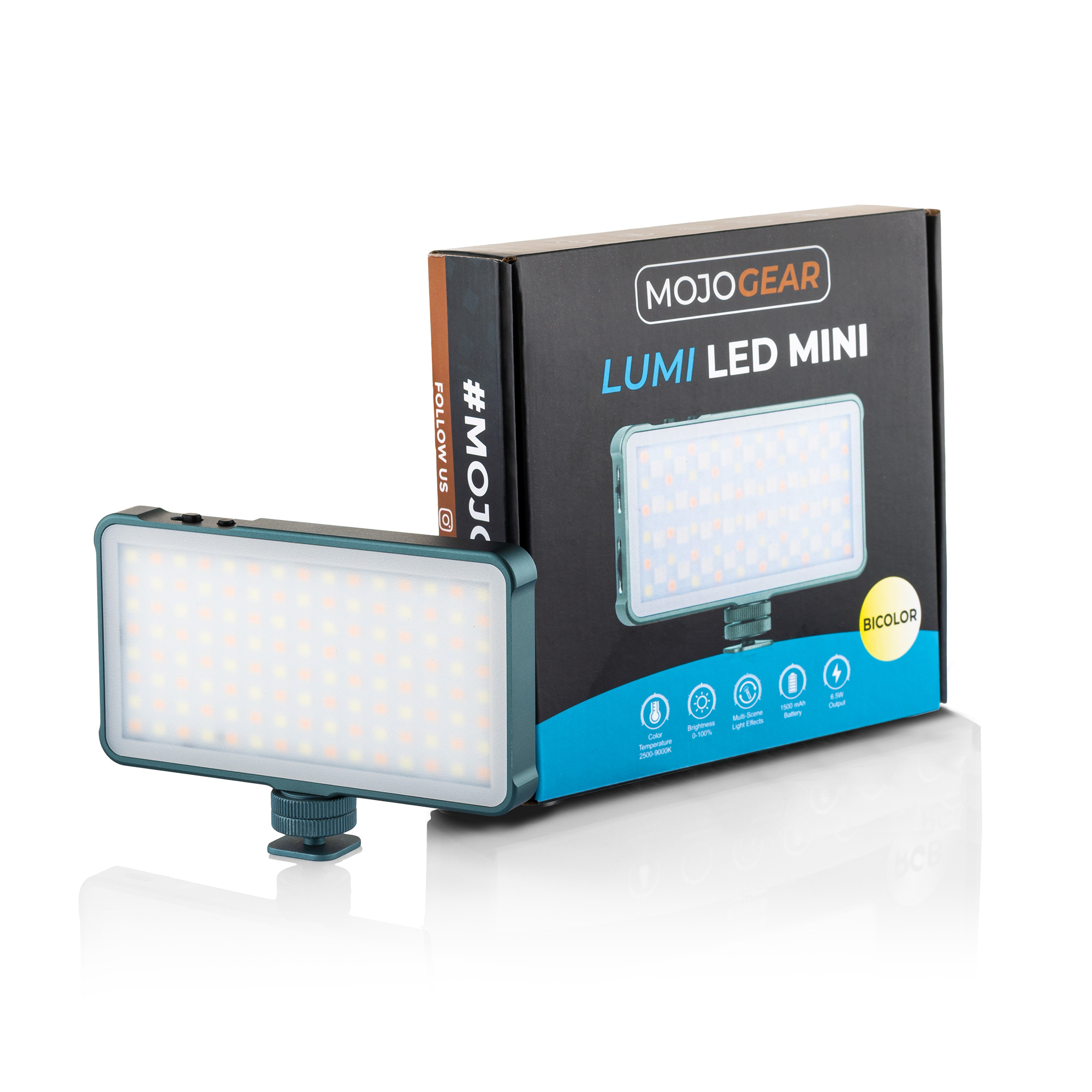 A small teal LED light panel, with a box behind, on a white surface. The box says 'MOJOGEAR'.