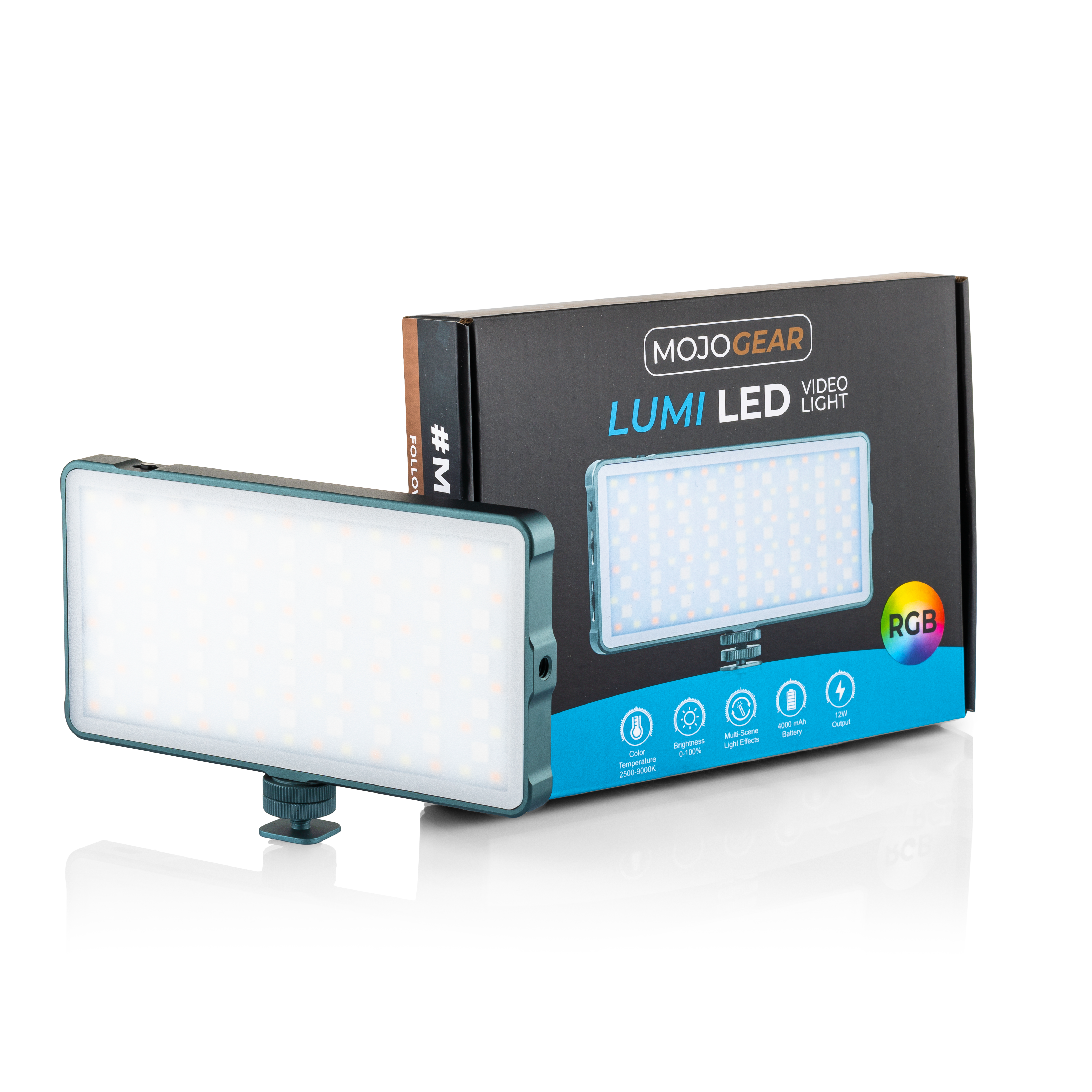 A black and green LED light. The light is on a white background. There is a box.