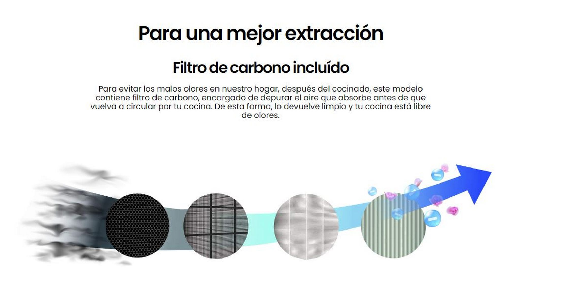 Diagrama que muestra el proceso del filtro de carbón en un electrodoméstico, con flecha azul.