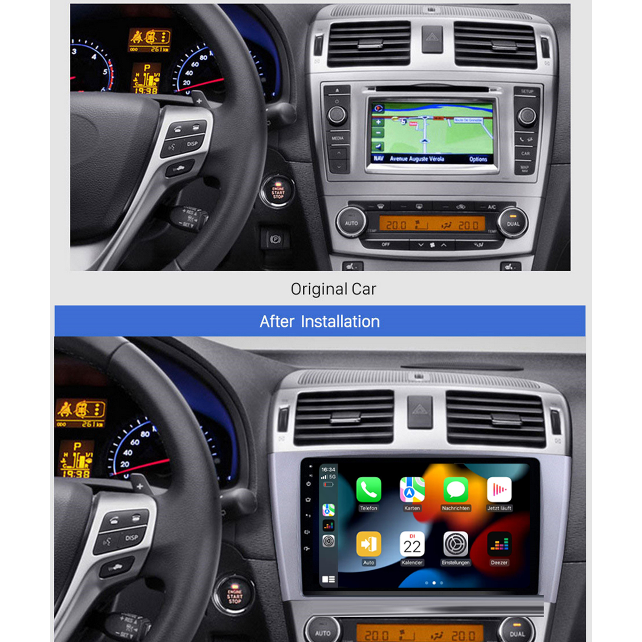 Auto-Armaturenbrett: vor und nach der Installation eines neuen Multimediasystems.