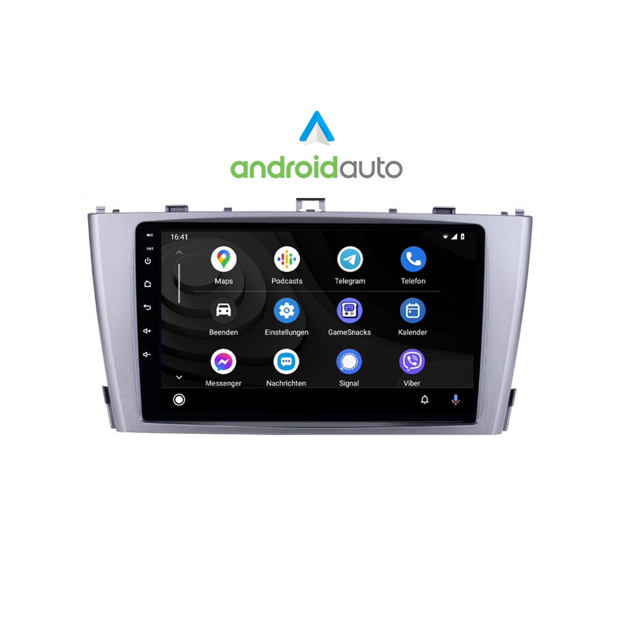 Autoradio-Bildschirm mit Symbolen für Karten, Podcasts, Telegramm, Telefon, Kalender usw. Android Auto Logo oben.