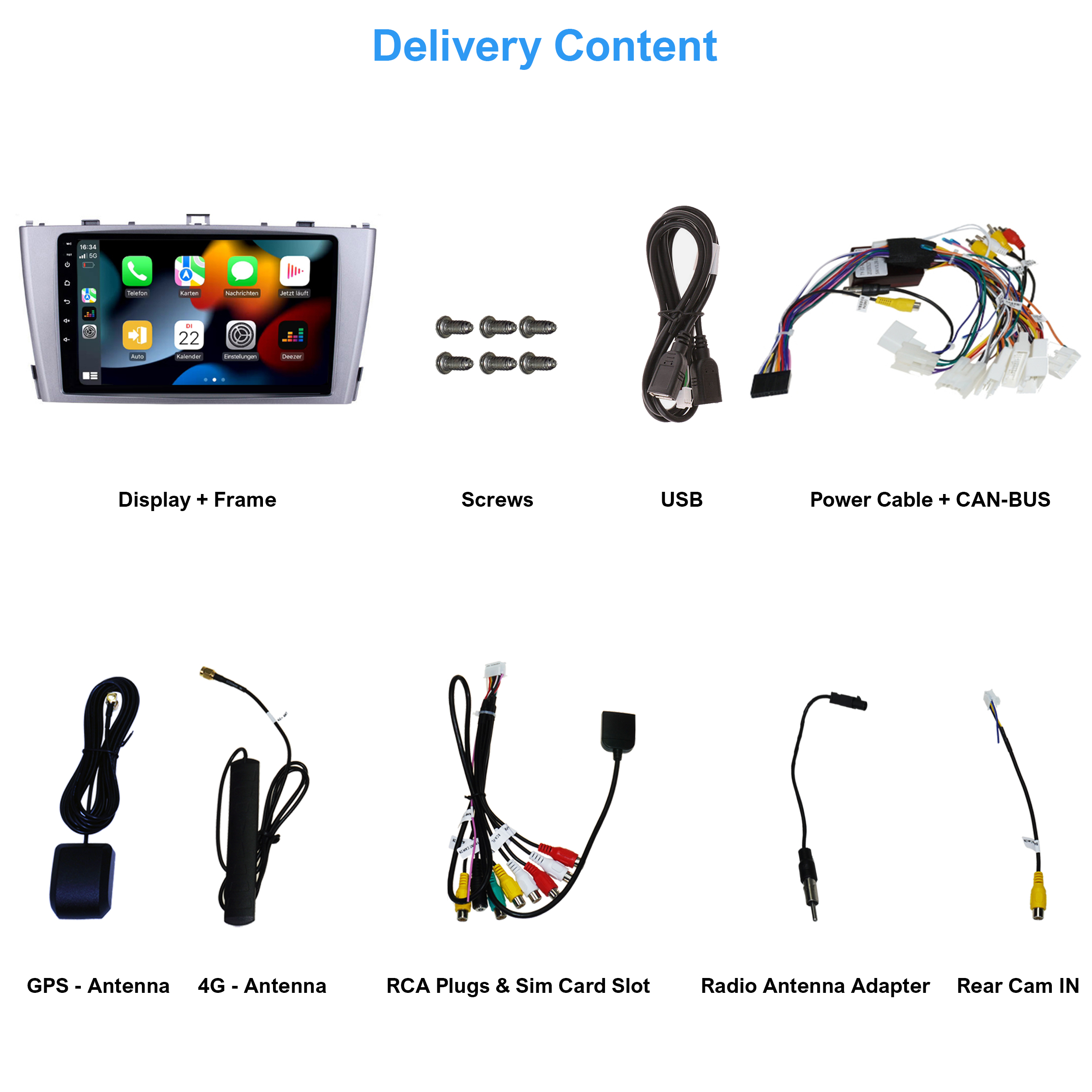 Komponenten des Car-Multimedia-Systems, einschließlich Display, Kabel, Antennen und Montagezubehör.