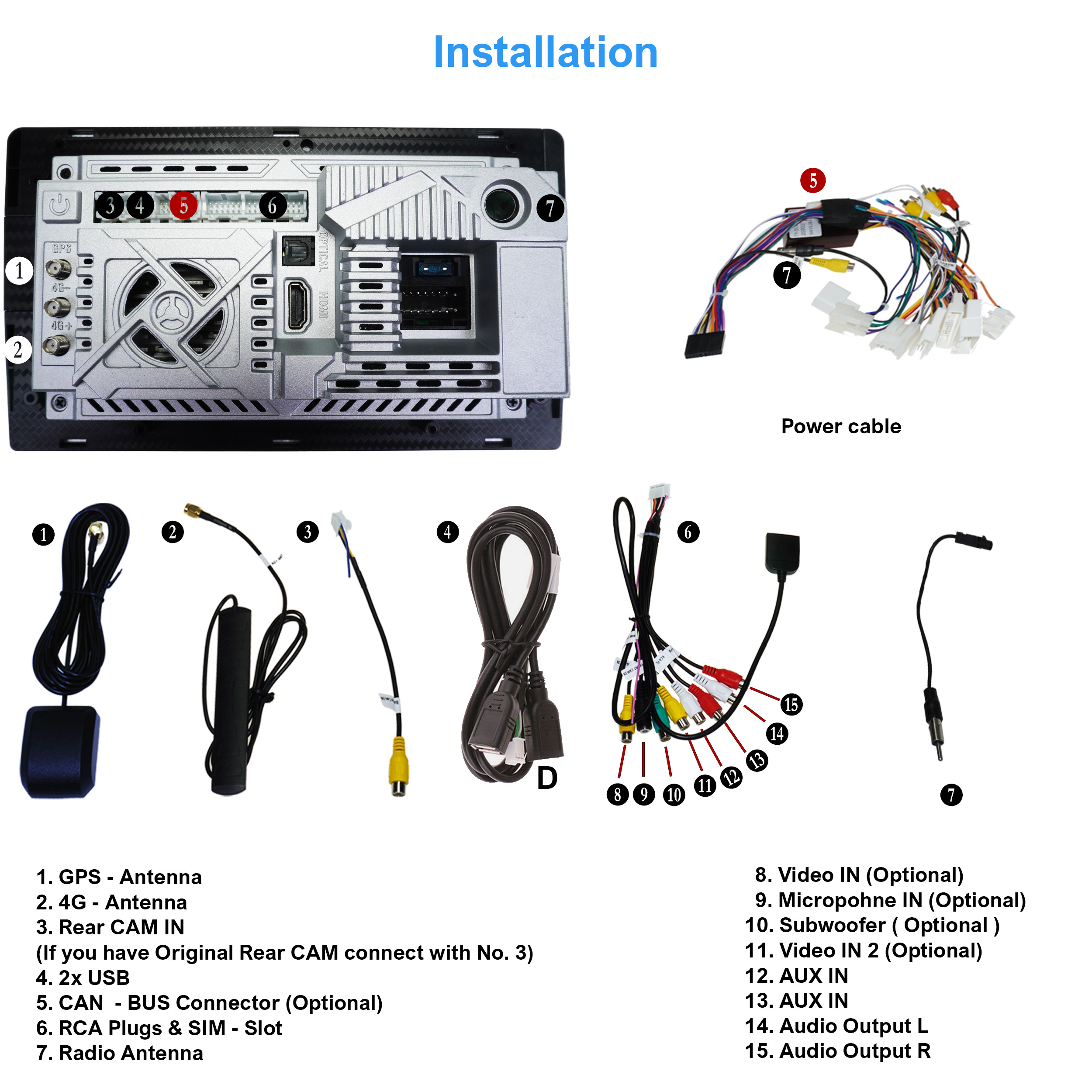 Diagramm zur Installation eines Autoradios mit verschiedenen Kabeln und Komponenten für GPS, Antenne und Strom.