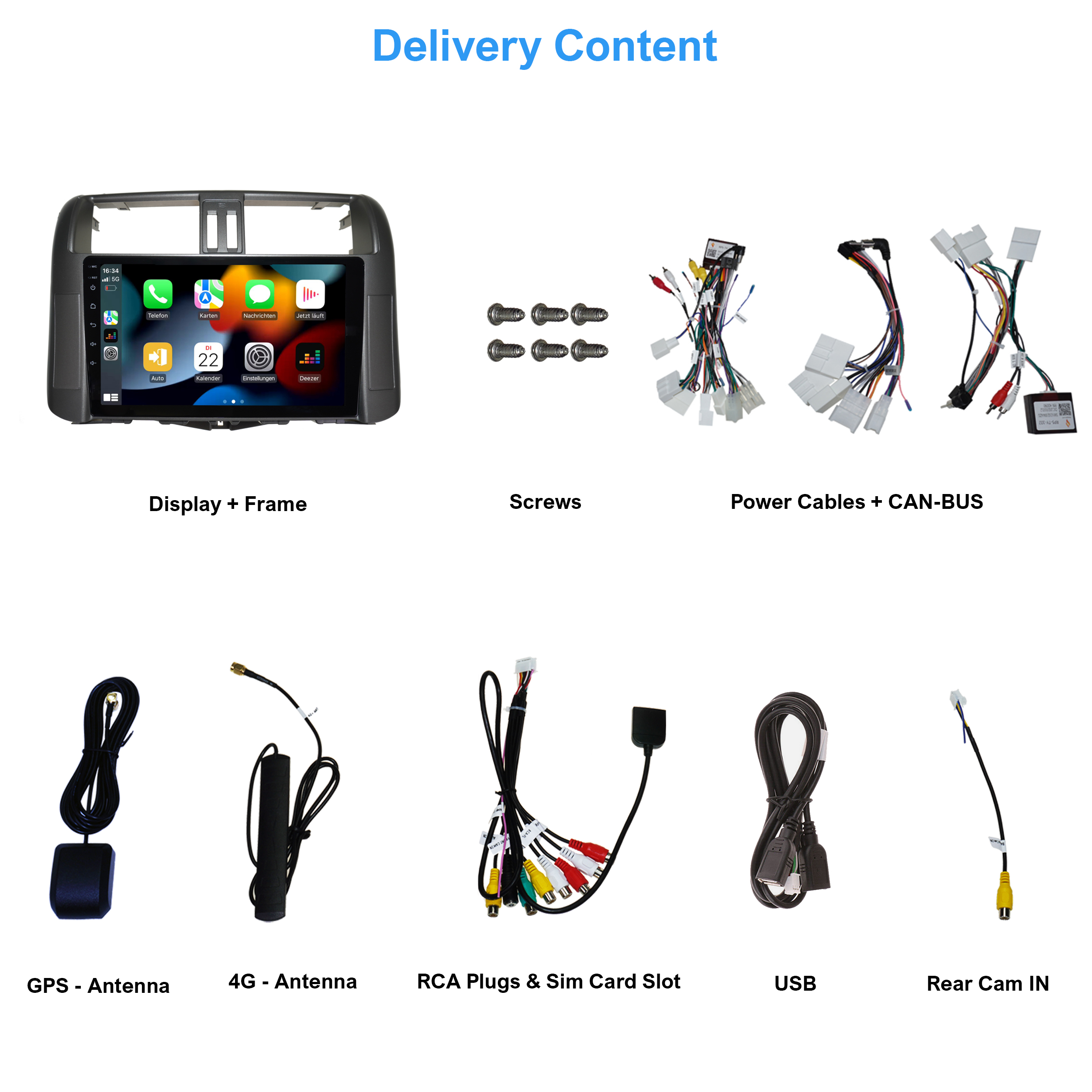 Verschiedene Komponenten für das Display-System eines Autos, einschließlich Rahmen, Kabel und Antenne.