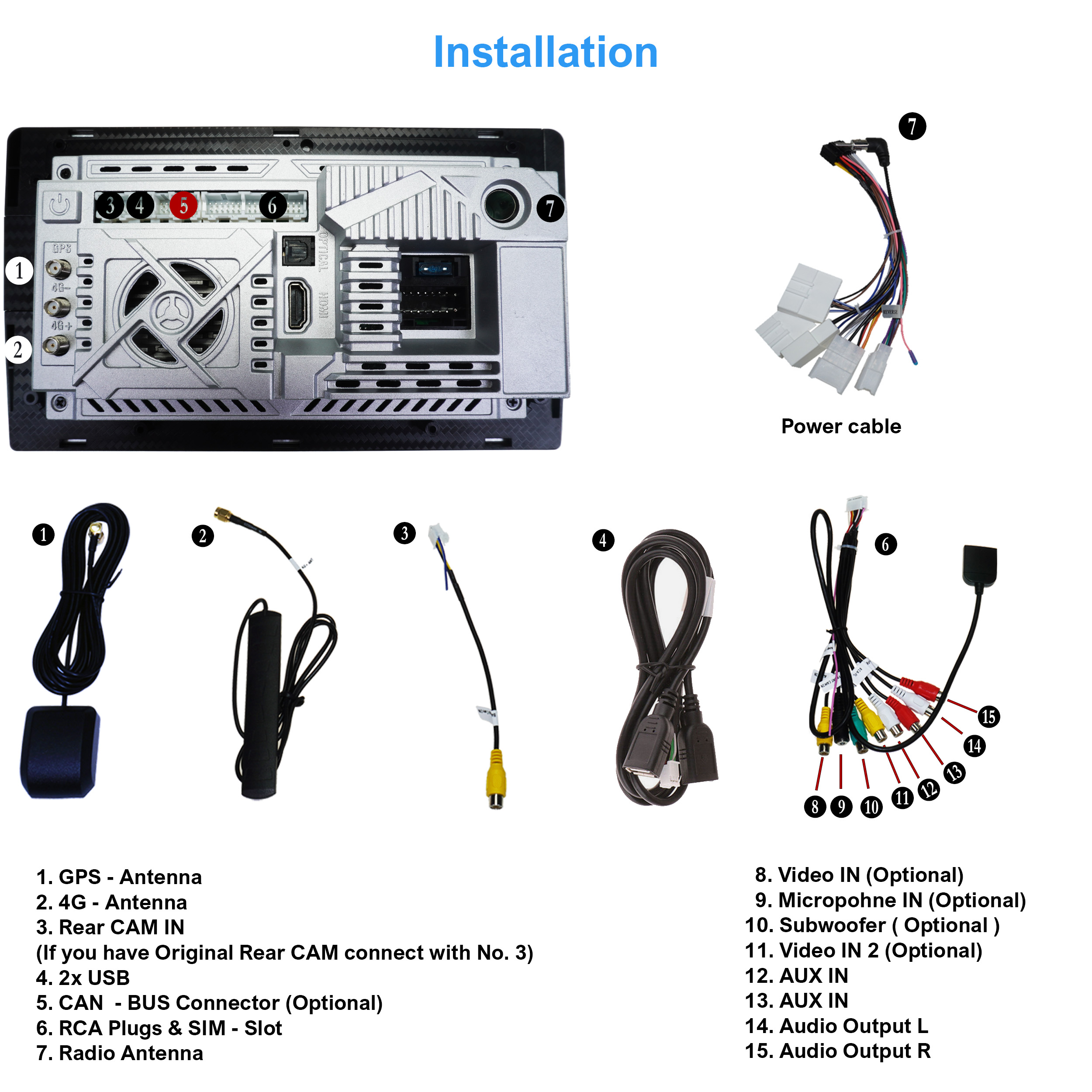 Ein Diagramm zur Installation eines Autoradios mit nummerierten Komponenten und Anschlusskabeln.
