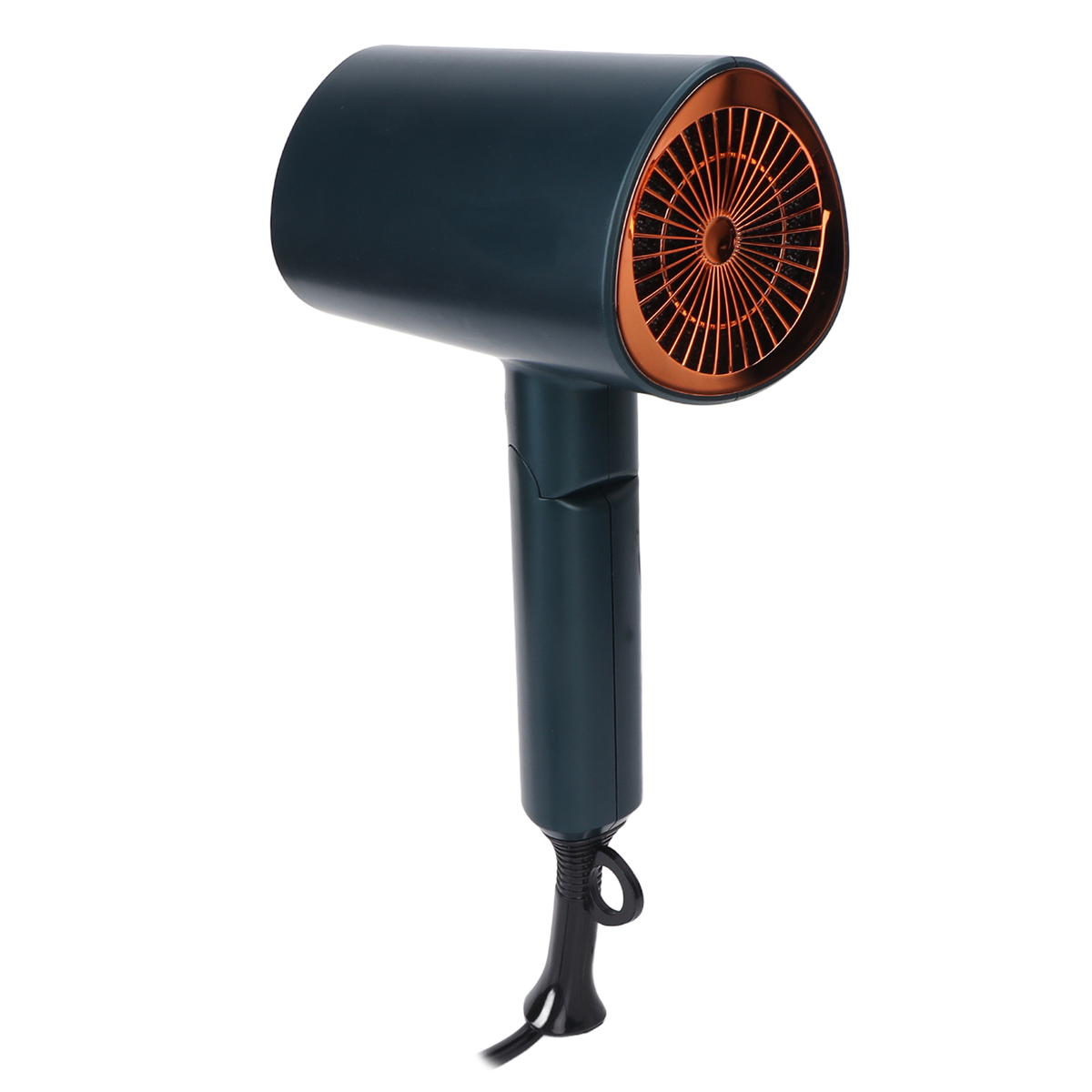 Ein teal-farbener Haartrockner mit kupferfarbenem Grill und schwarzem Griff.