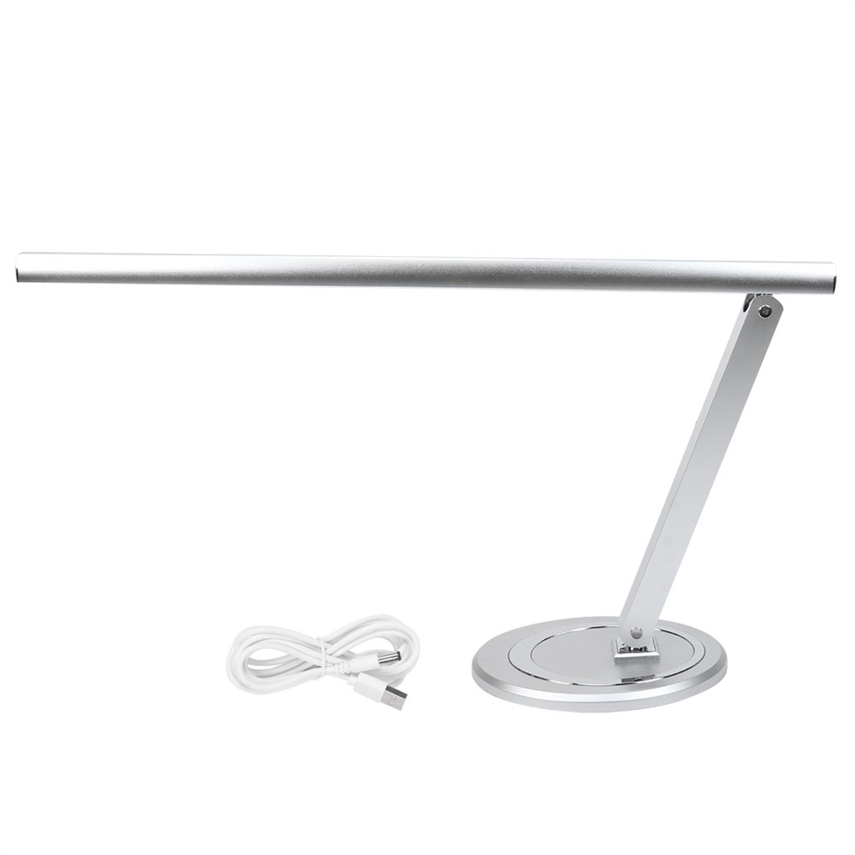 Silberne Schreibtischlampe mit horizontalem Lichtbalken und rundem Fuß.