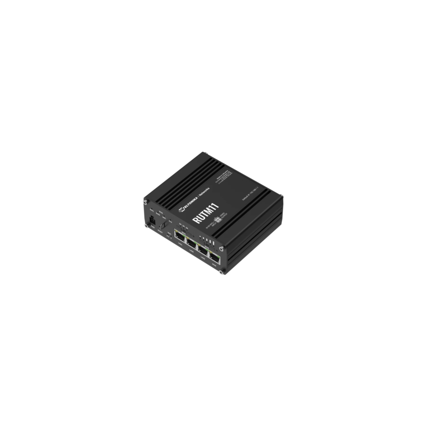 Zwarte router. Het staat op een witte achtergrond. Heeft verschillende poorten en lampjes.