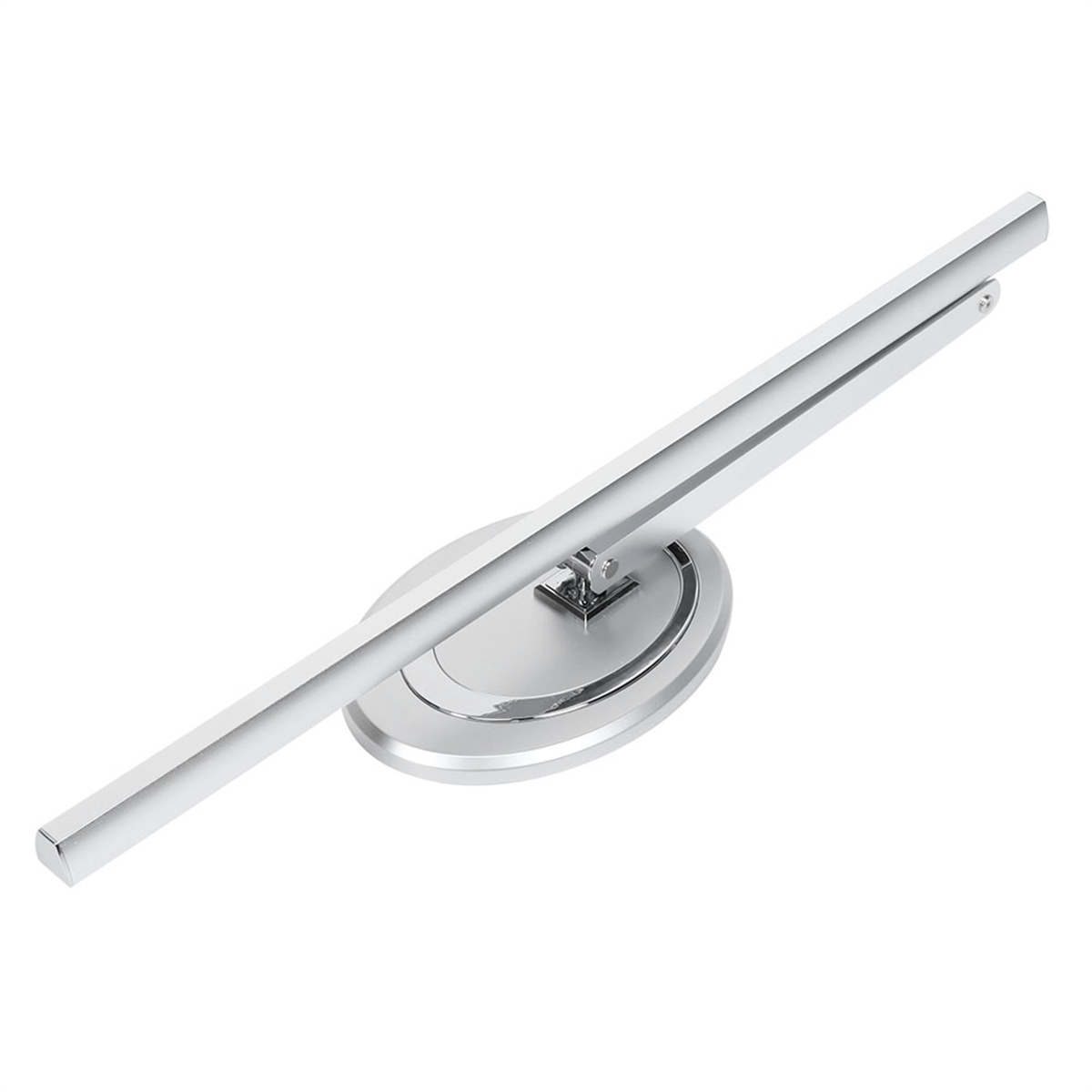 Eine verchromte Lampe mit einem langen, dünnen Lichtbalken auf rundem Sockel.