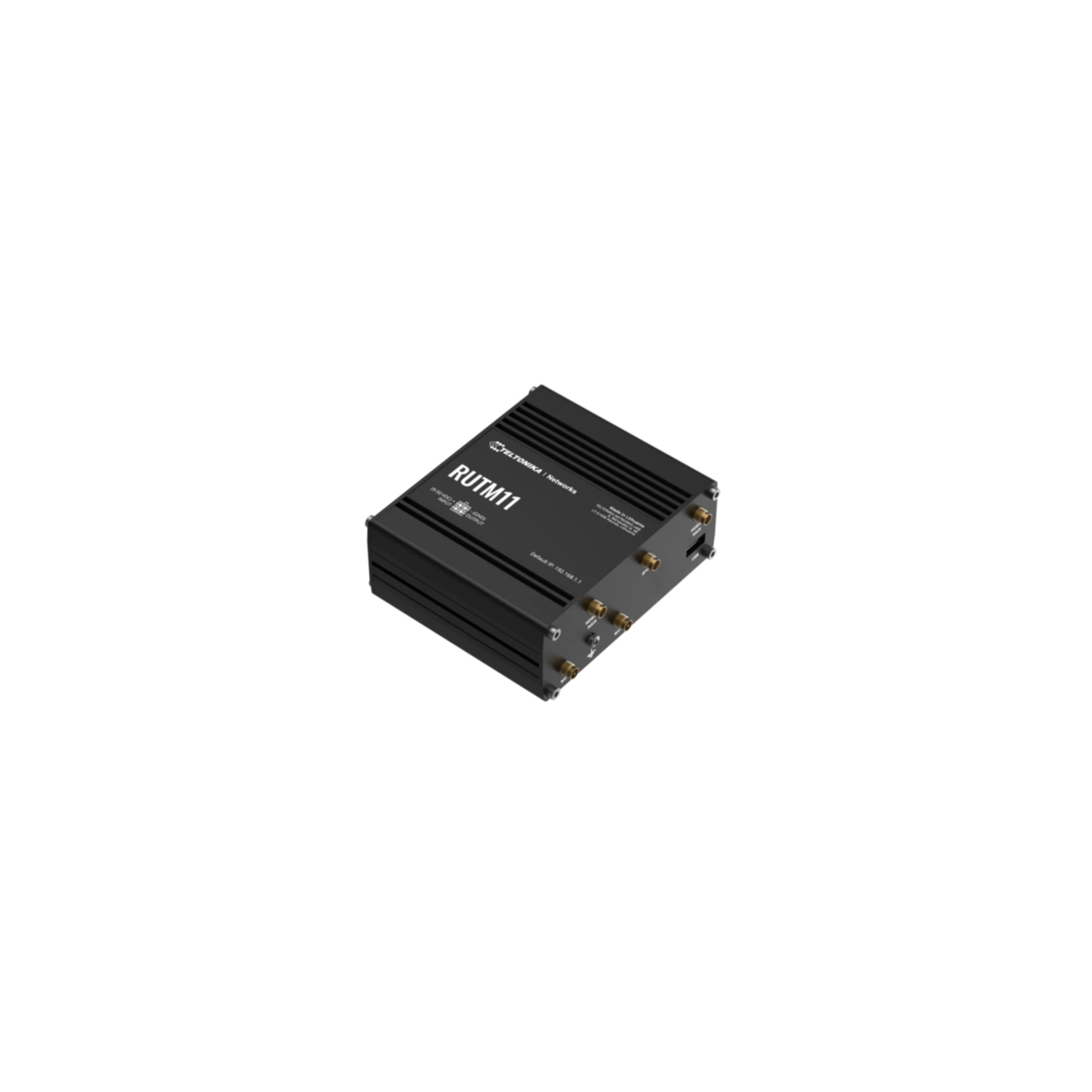 Zwarte router met poorten en label. Witte achtergrond. RUTM11-label bovenaan.
