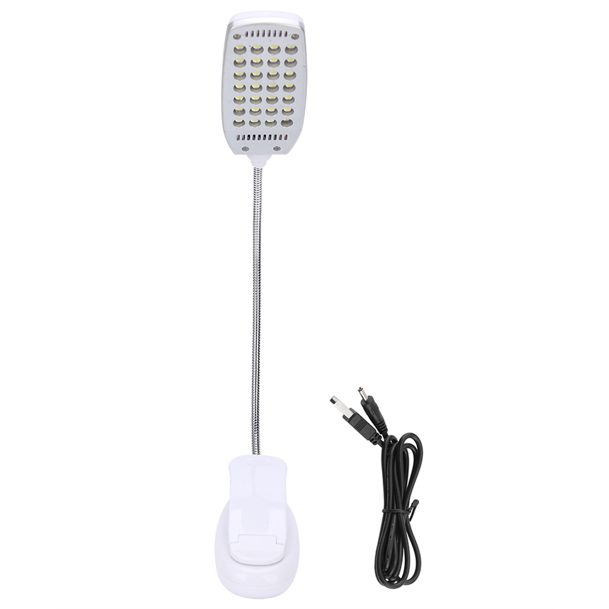 Flexible LED-Lampe mit weißem Sockel und USB-Kabel. Für Lese- oder Schreibtischgebrauch konzipiert.