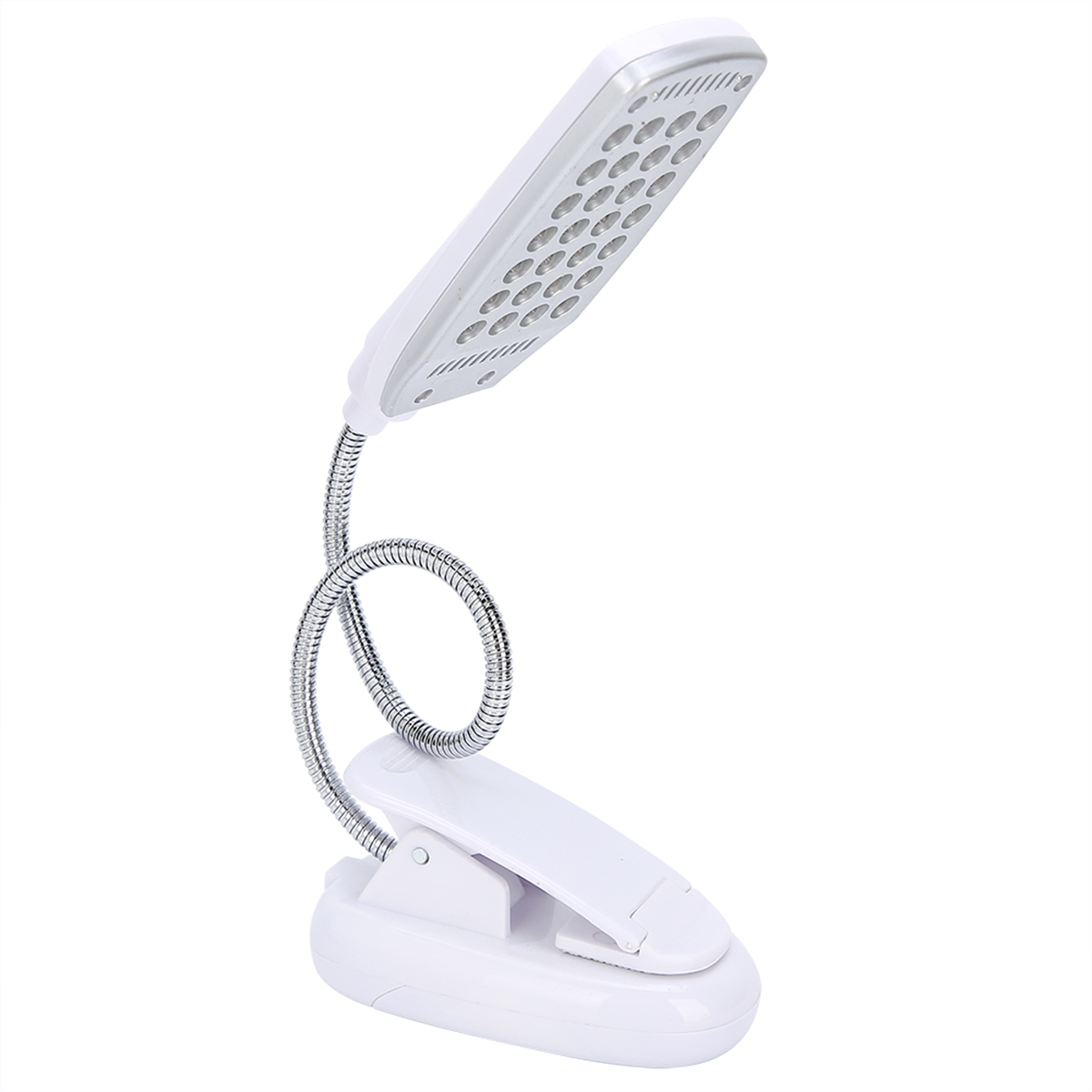 Eine weiße Clip-on-LED-Leselampe mit flexiblem Schwanenhals und einem Clip zum Befestigen.