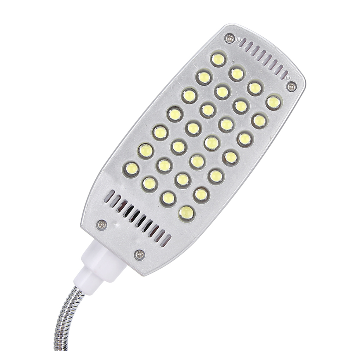 Eine silberne LED-Leuchte mit vielen kleinen Lichtern, einem flexiblen Arm und einem weißen Sockel.