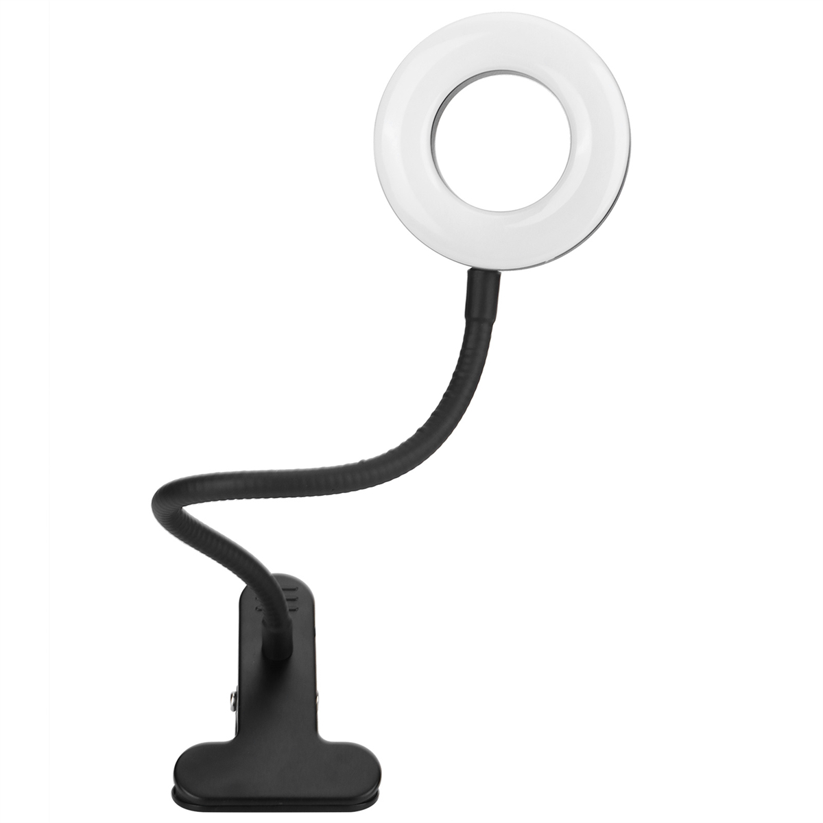Ein weißes Ringlicht an einem flexiblen schwarzen Arm, der an einem schwarzen Clip befestigt ist. Das Licht ist an.