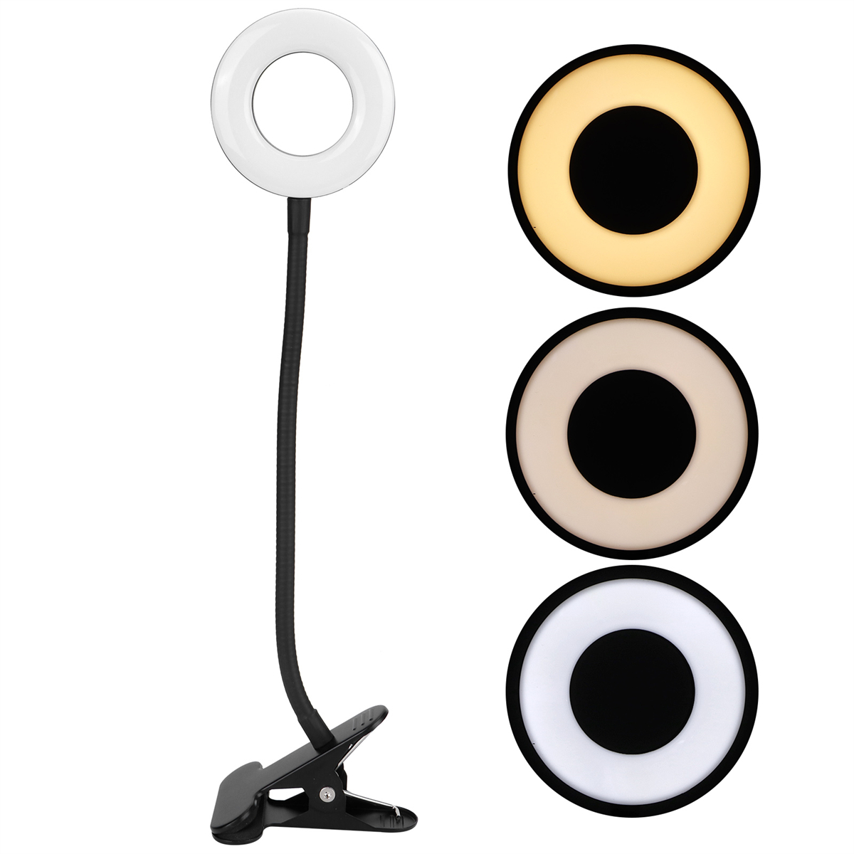 Ein Ringlicht mit flexiblem Arm und Clip. Es werden drei verschiedene Lichtfarboptionen gezeigt.