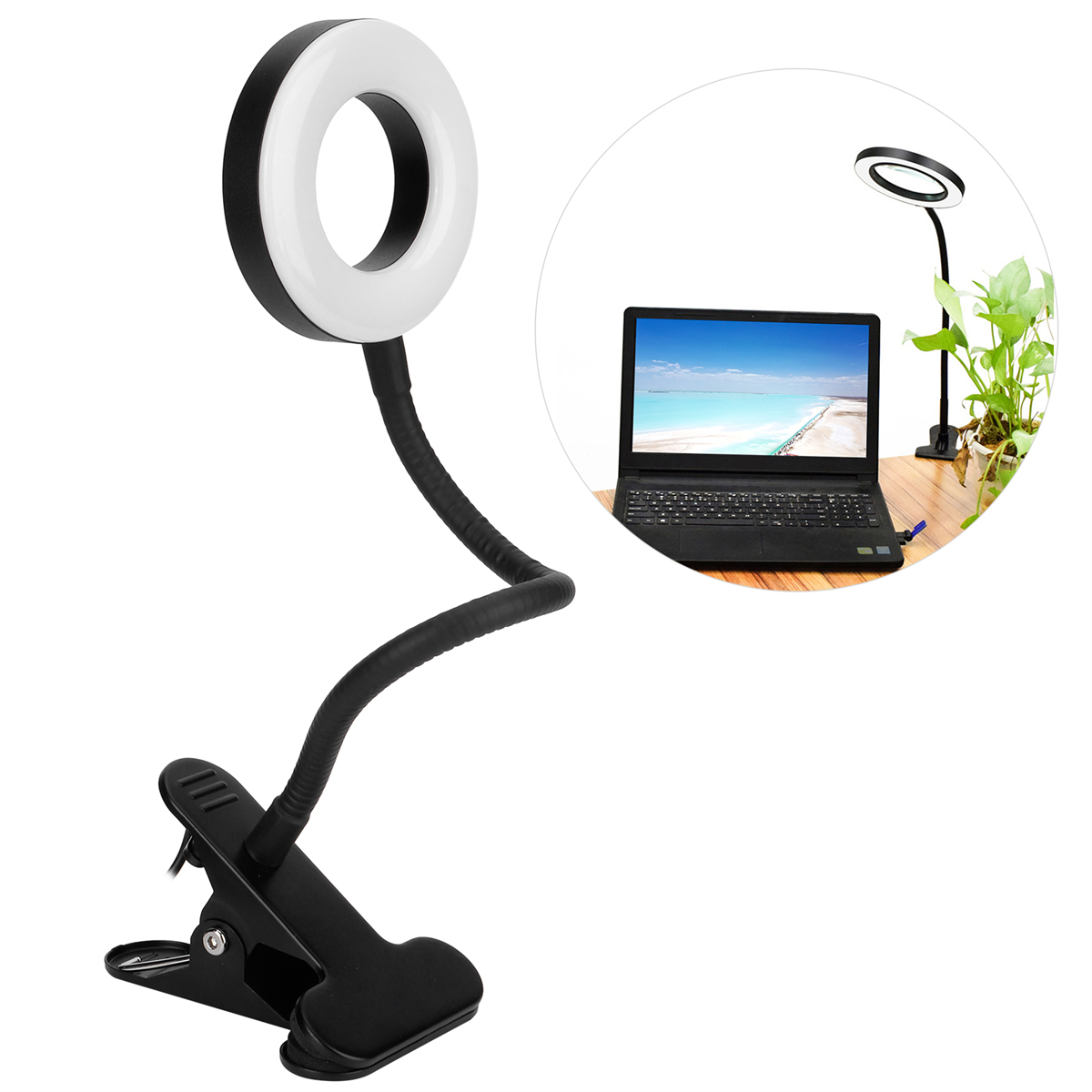 Ein Ringlicht mit schwarzem Schwanenhals und Clip, sowie ein Laptop mit Schreibtischlampe im Hintergrund.
