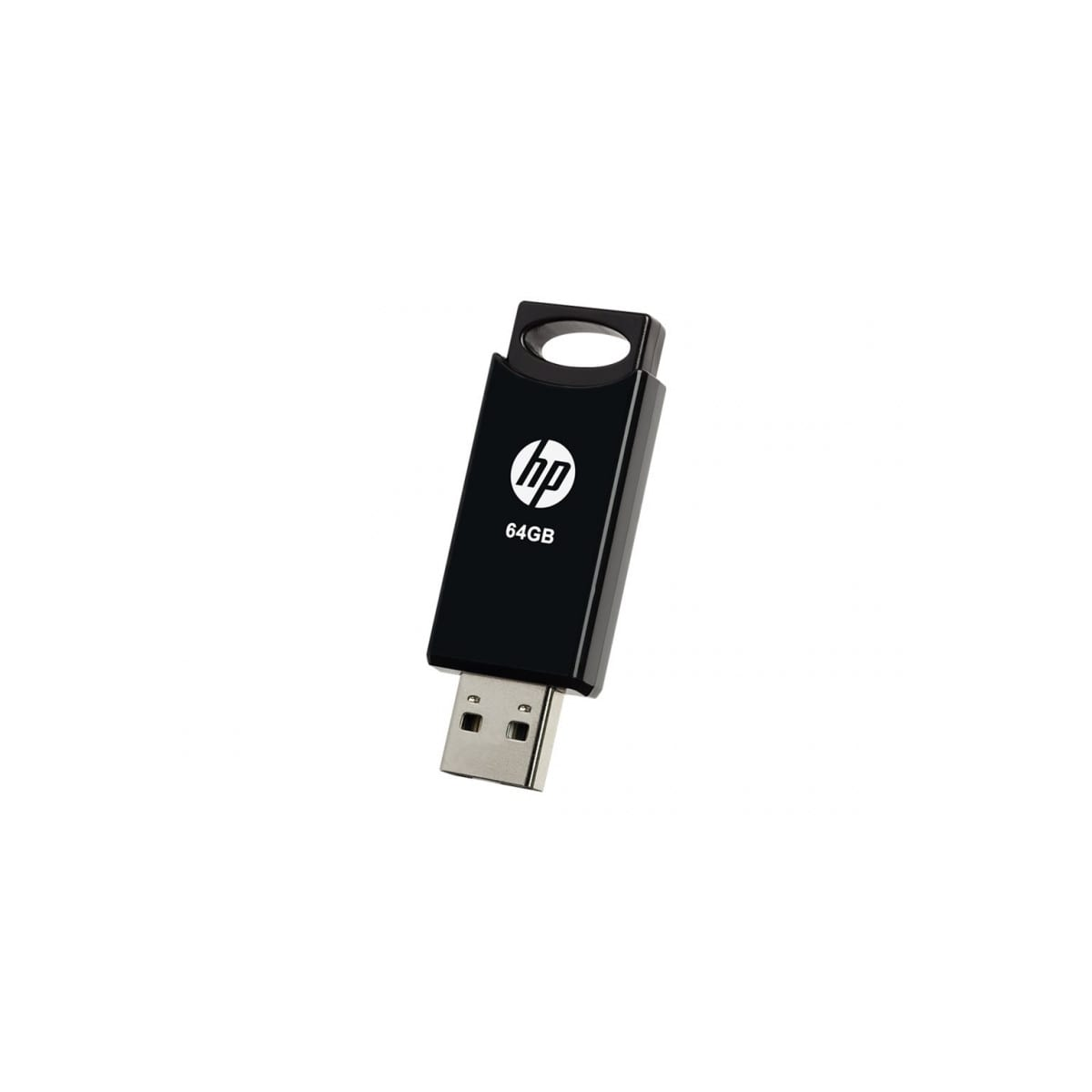 Chiavetta USB HP 64GB nera su sfondo bianco.