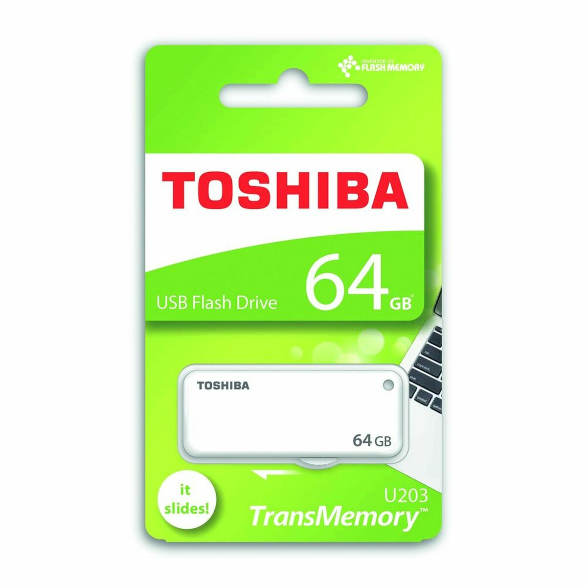 Pamięć flash USB Toshiba 64GB w zielono-białym opakowaniu.