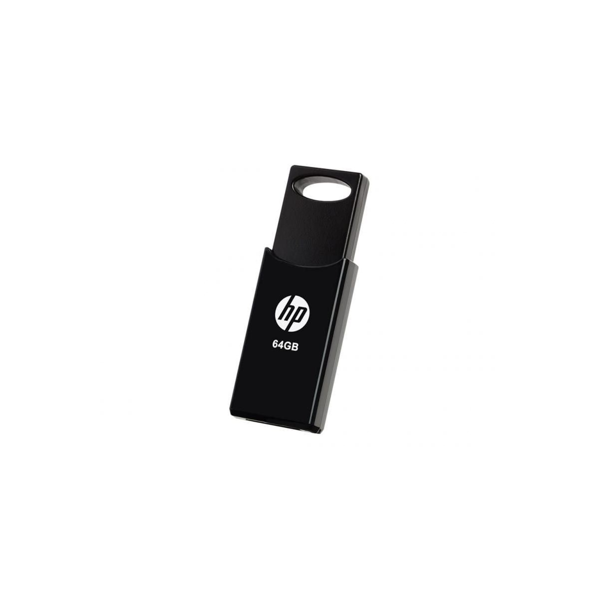 Una chiavetta USB HP nera con un'etichetta da 64 GB.