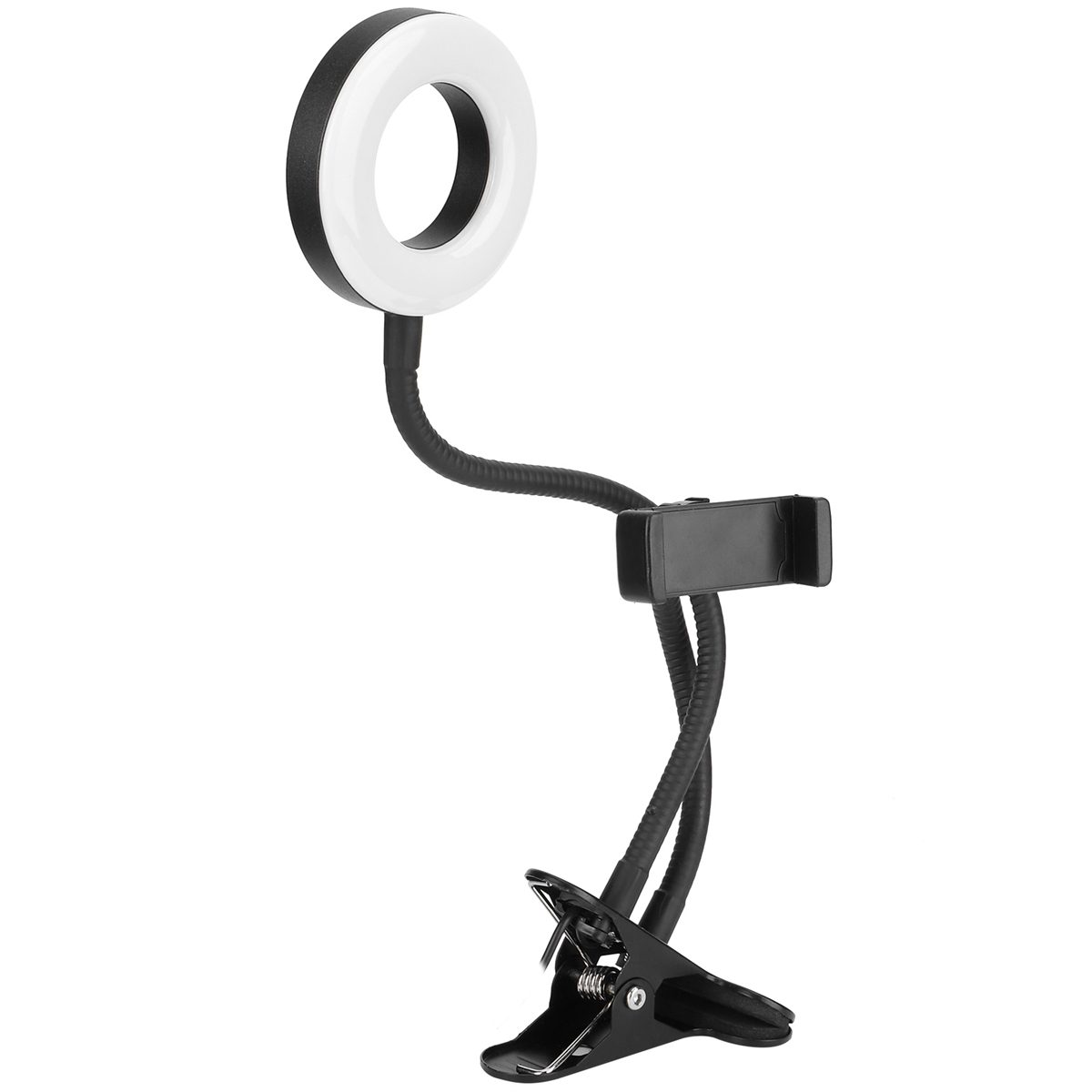 Schwarzes Ringlicht mit Telefonhalter auf weißem Hintergrund. Das Licht ist an und auf die Kamera gerichtet.