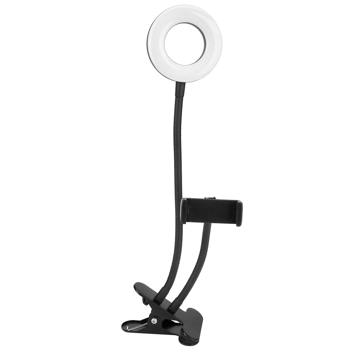 Ringlicht mit Telefonhalter und flexiblem Arm, alles auf einer schwarzen Clip-On-Basis.