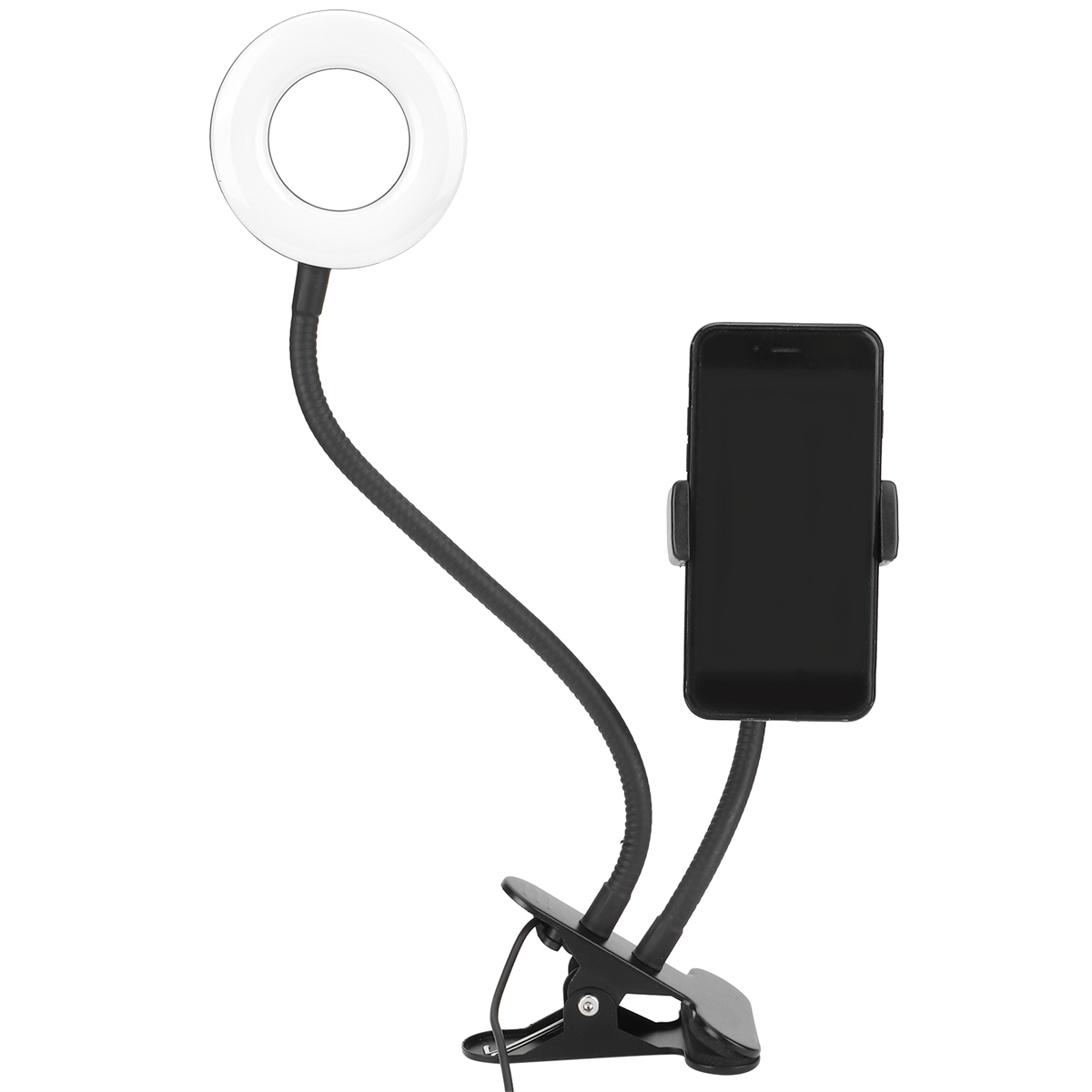 Ein Telefon ist an einem schwarzen Clip mit einem flexiblen Arm und einem Ringlicht befestigt. Der Hintergrund ist weiß.