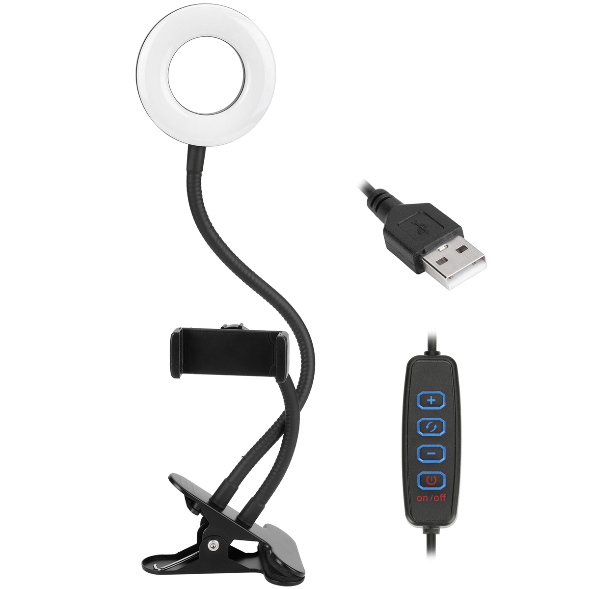Ein Ringlicht mit einer Telefonhalterung und einem USB-Kabel. Es befindet sich auf weißem Hintergrund.