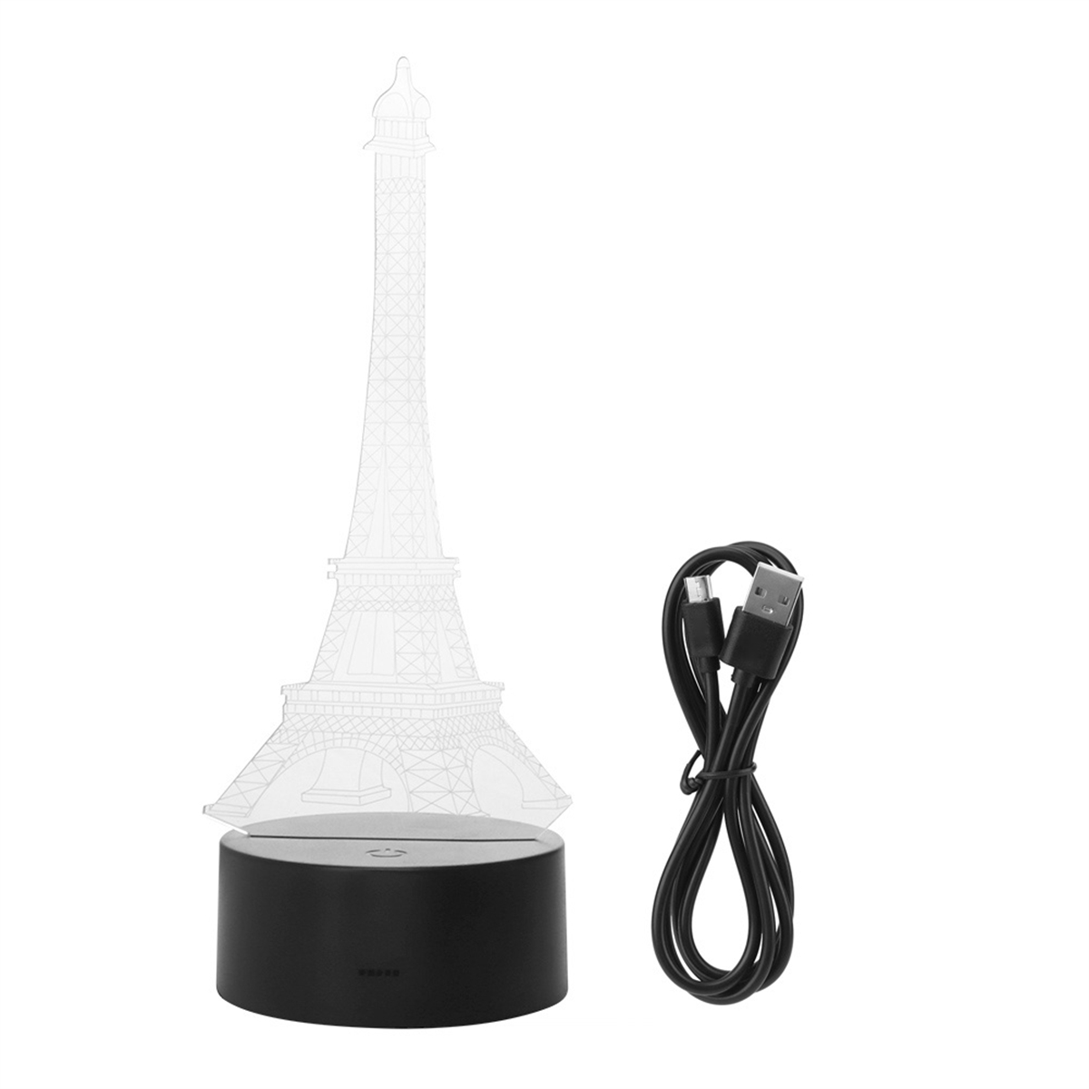 Eiffelturm-Silhouettenlampe mit schwarzem Sockel und USB-Kabel daneben.