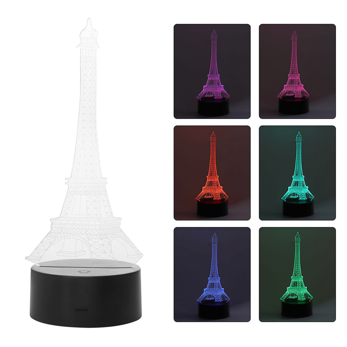 Eiffelturm-Nachtlicht in verschiedenen Farben. Der Turm leuchtet in Weiß, Lila, Rot, Grün, Blau und einer Mischung.