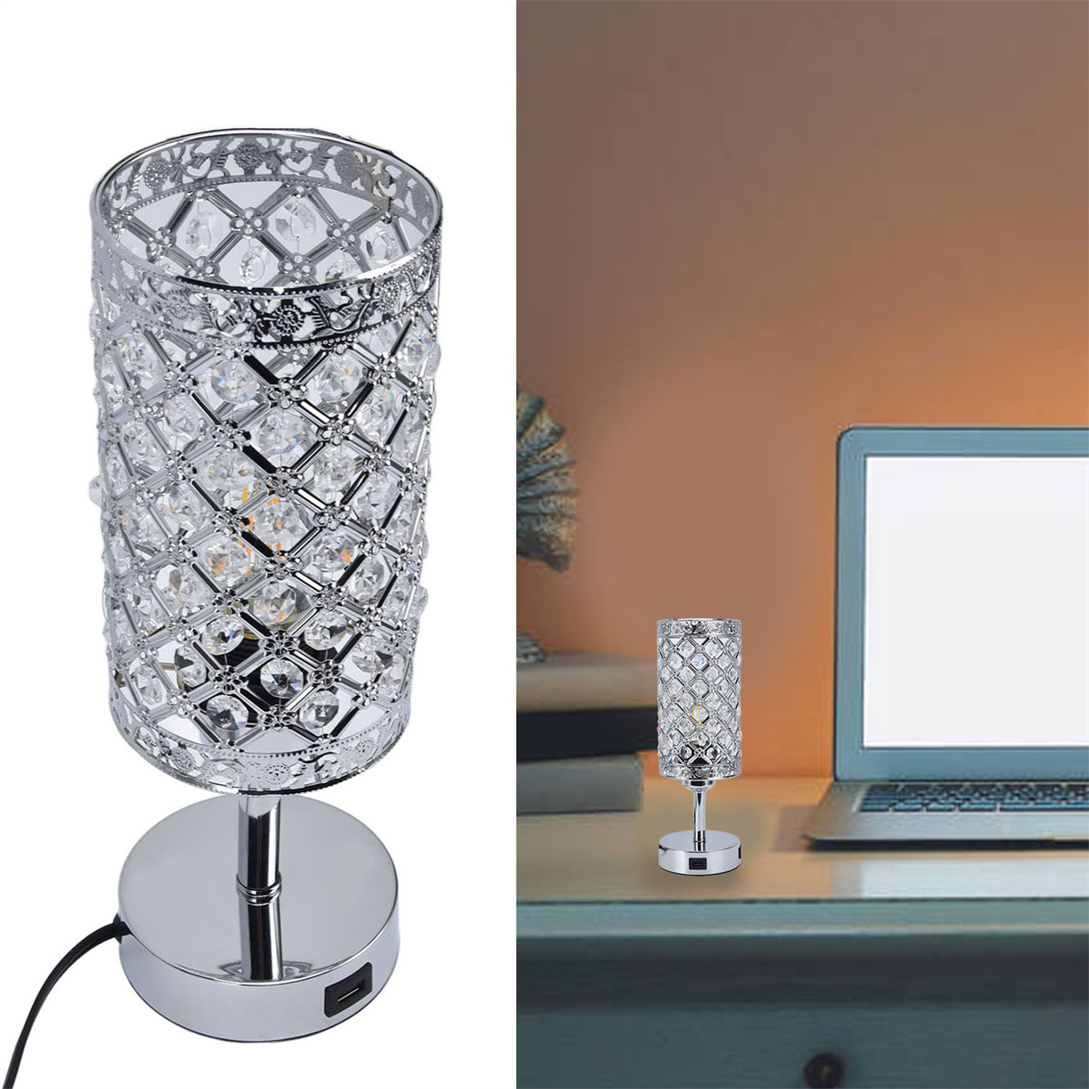 Kristall-Tischlampe auf einem Schreibtisch mit Laptop. Der Hintergrund ist eine orangefarbene Wand.