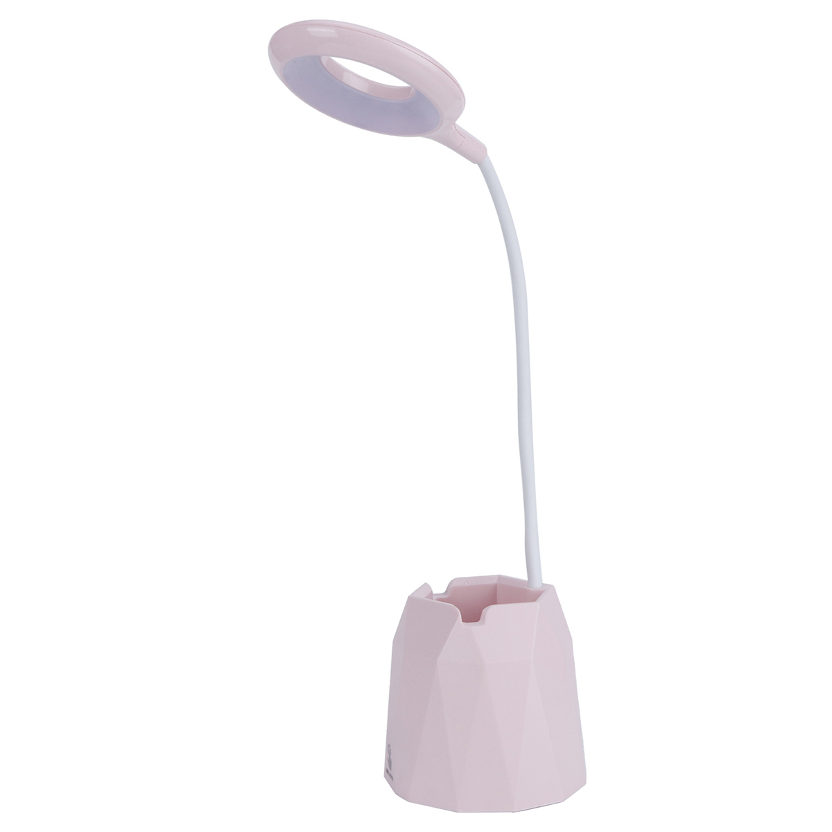 Eine rosa Schreibtischlampe mit flexiblem Hals und Stifthalter.