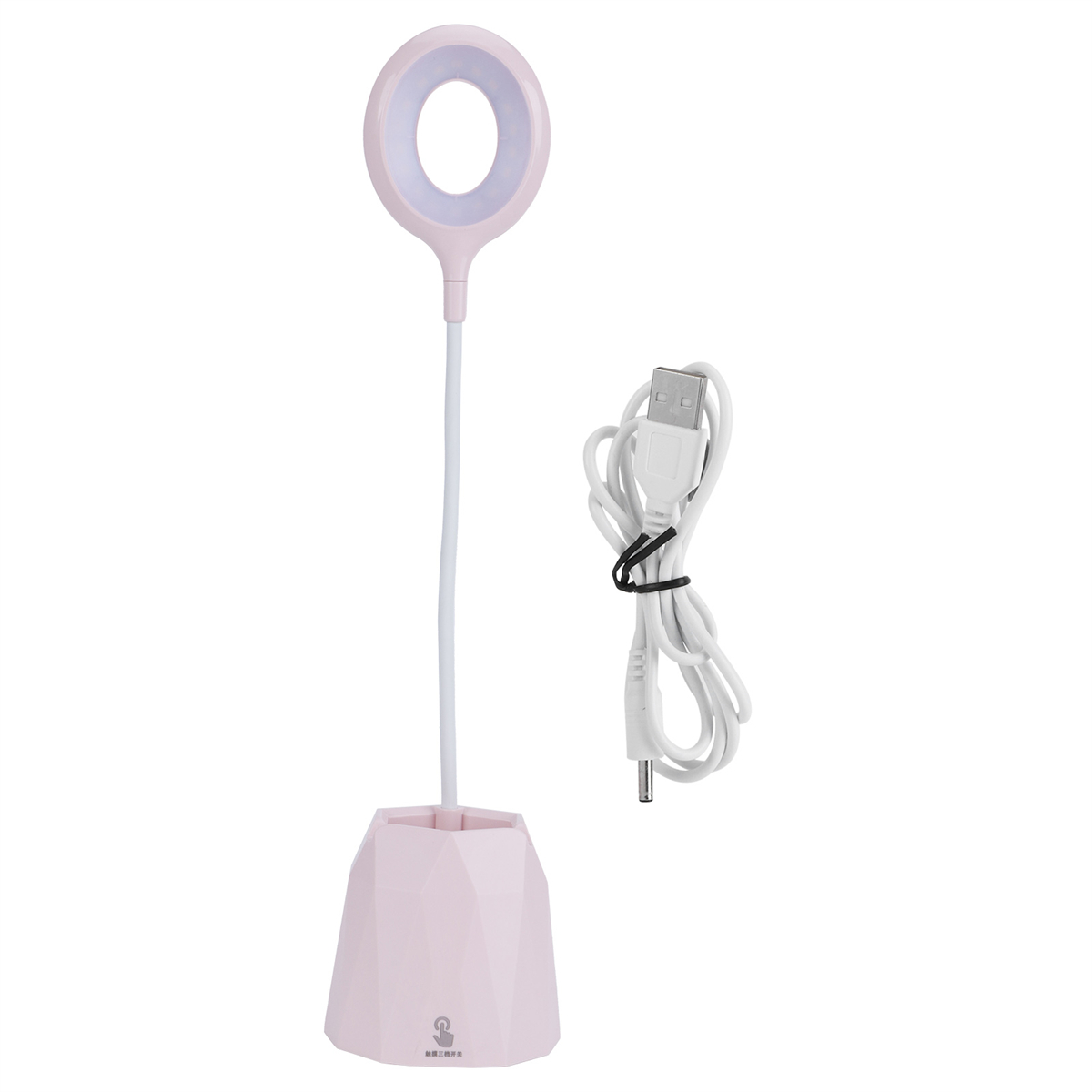 Eine rosa Schreibtischlampe mit Ringlicht und flexiblem Hals, zusammen mit einem USB-Kabel und einem Sockel.