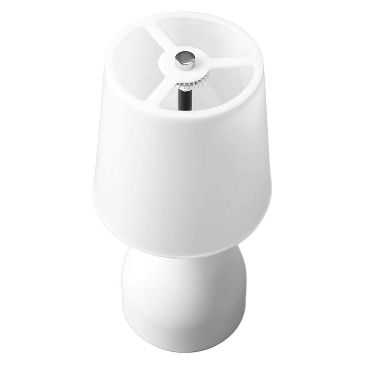 Weiße, pilzförmige Tischlampe mit kugelförmigem Fuß und konischem Schirm.