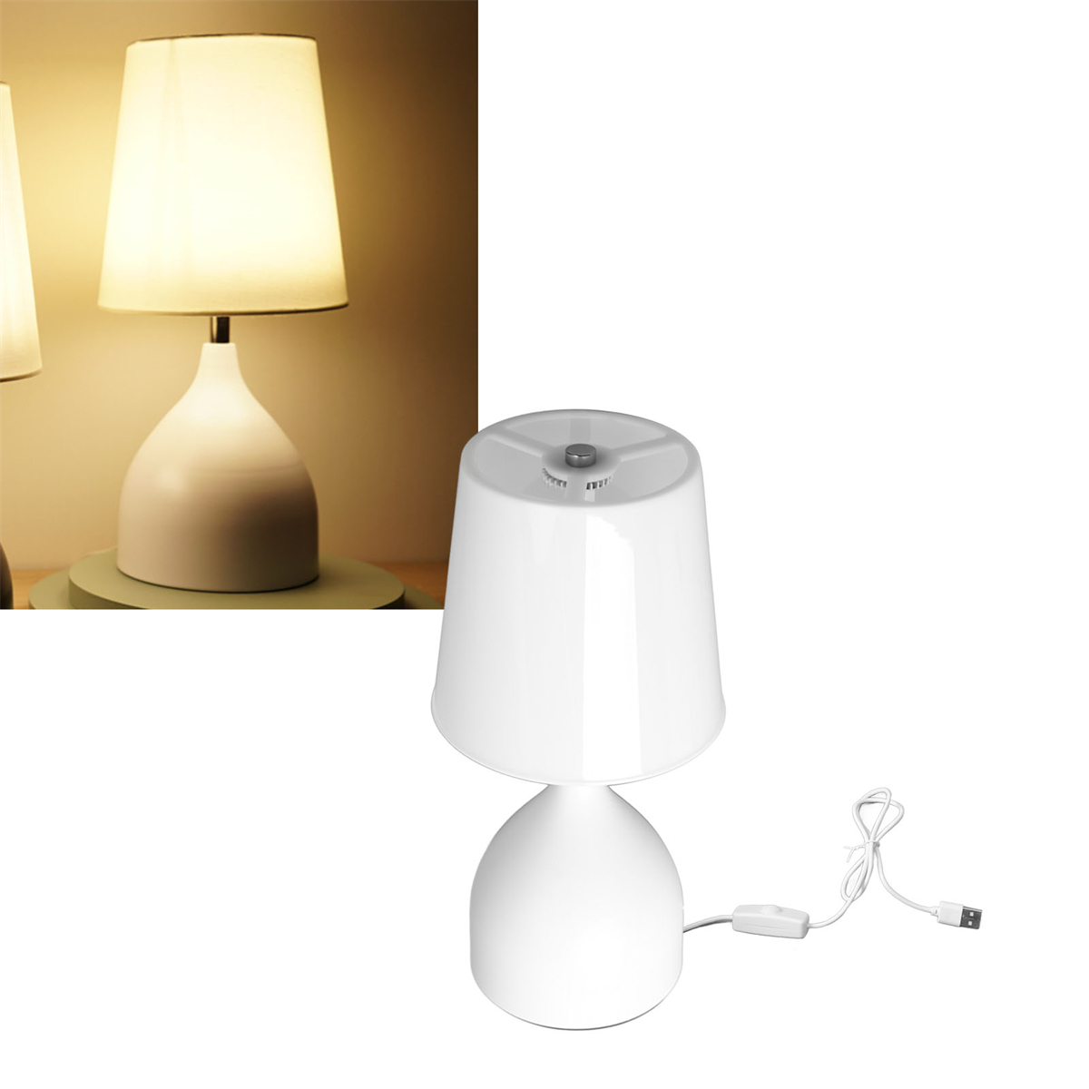 Weiße Tischlampen auf weißem Hintergrund. Die Lampen haben einen kegelförmigen Schirm und einen runden Fuß.