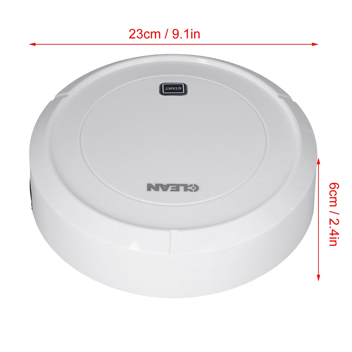 Weißer, runder Roboter-Staubsauger mit Clean-Logo und Start-Taste.